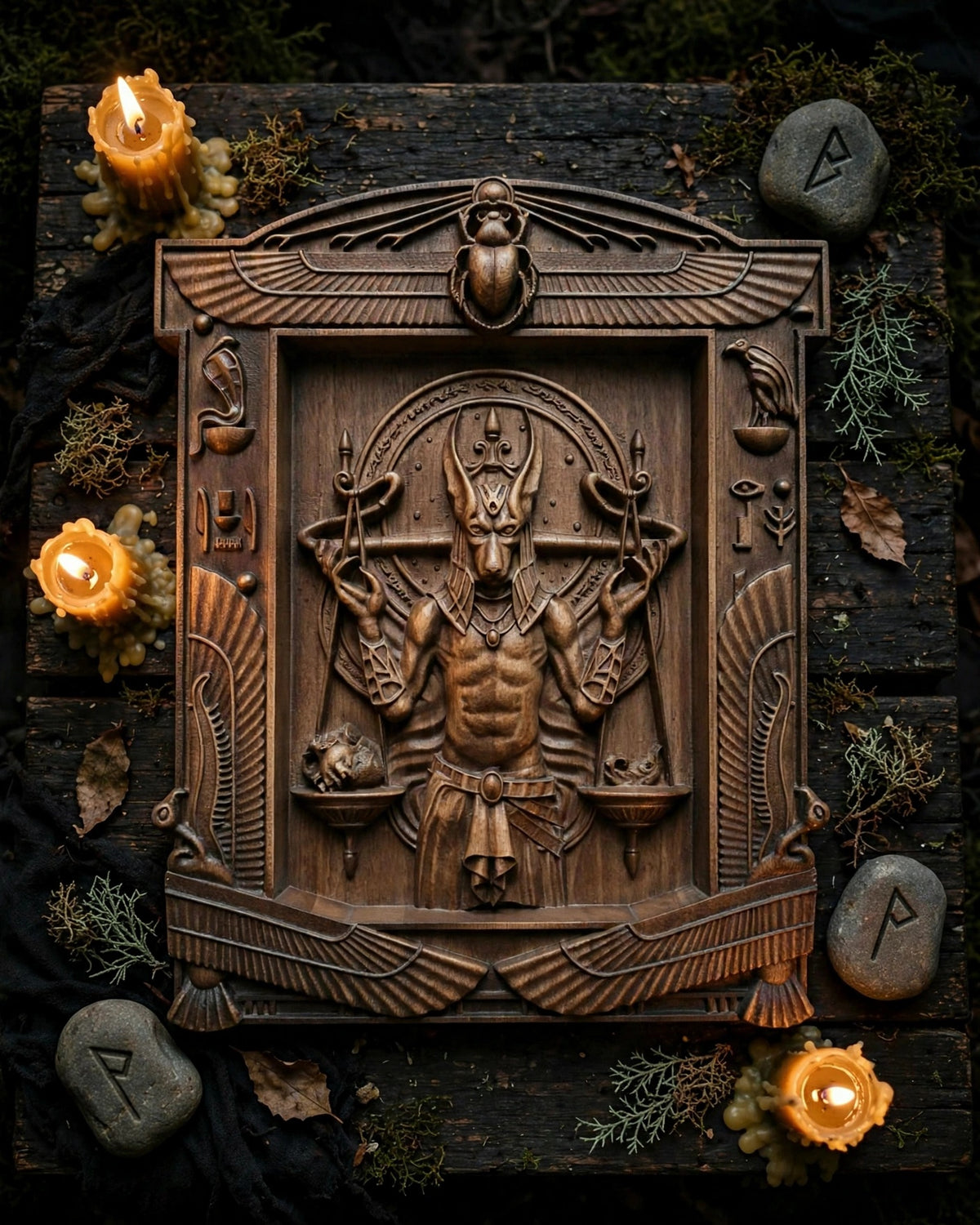 Egyptian God Anubis Wooden Wall Panel — Hand-Carved Wood Art