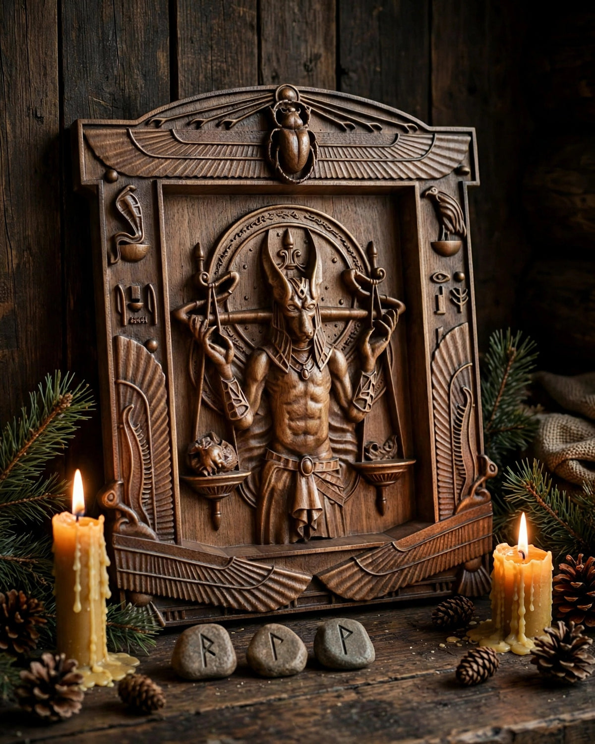 Egyptian God Anubis Wooden Wall Panel — Hand-Carved Wood Art