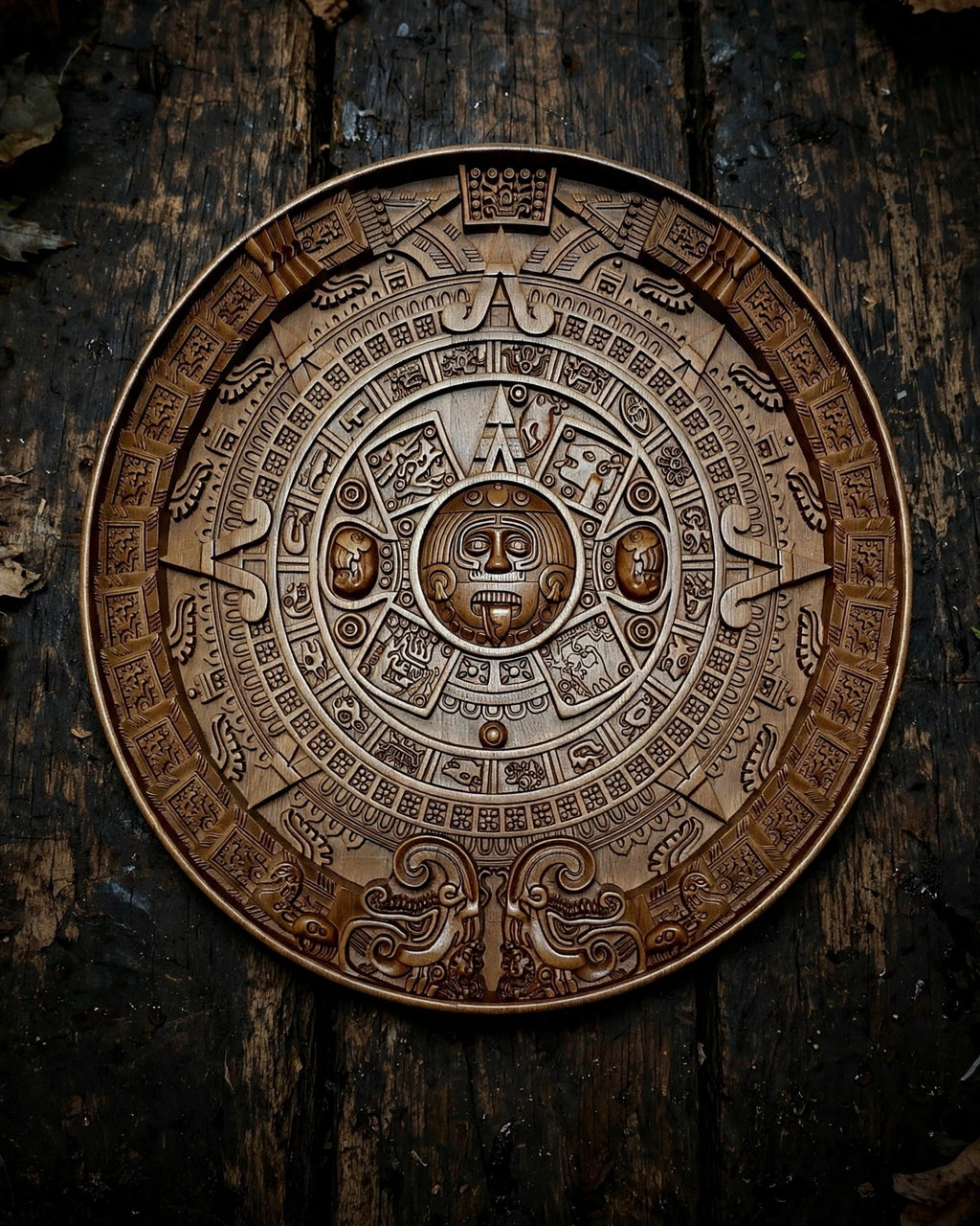 Mayan Calendar Wooden Wall Panel — Hand-Carved Wood Art