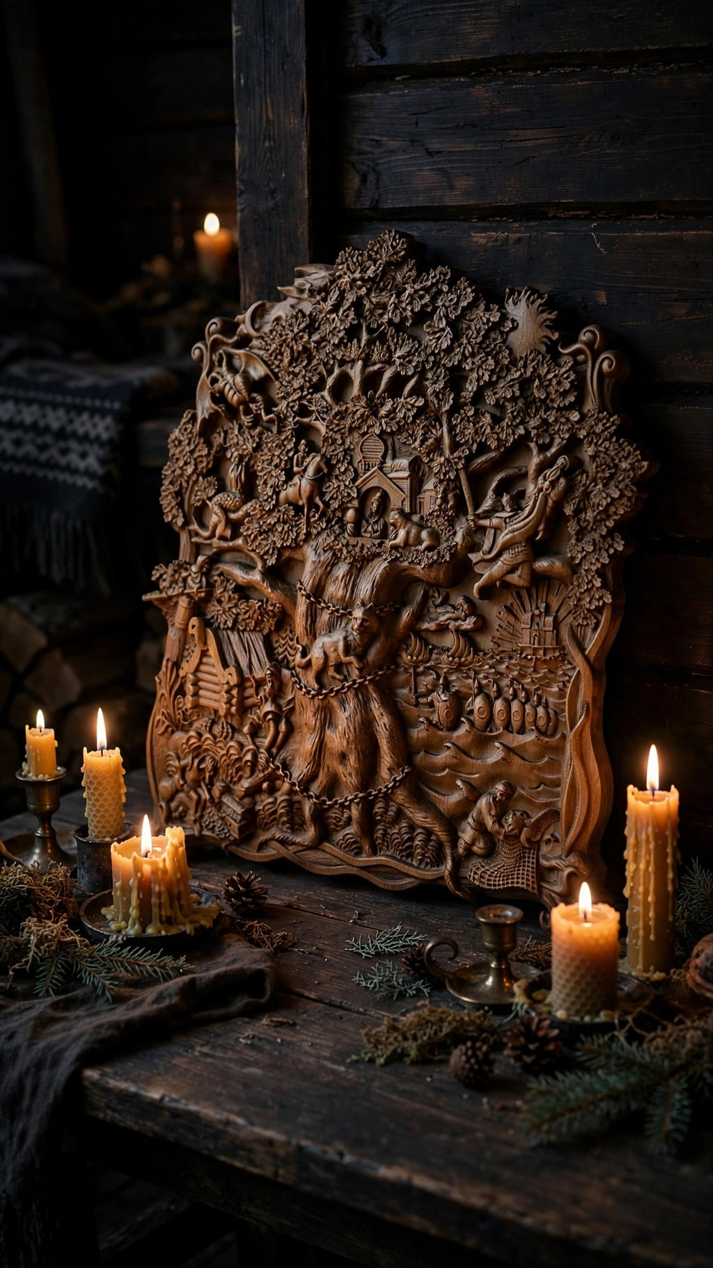 Lukomorye Wooden Wall Panel — Hand-Carved Wood Art