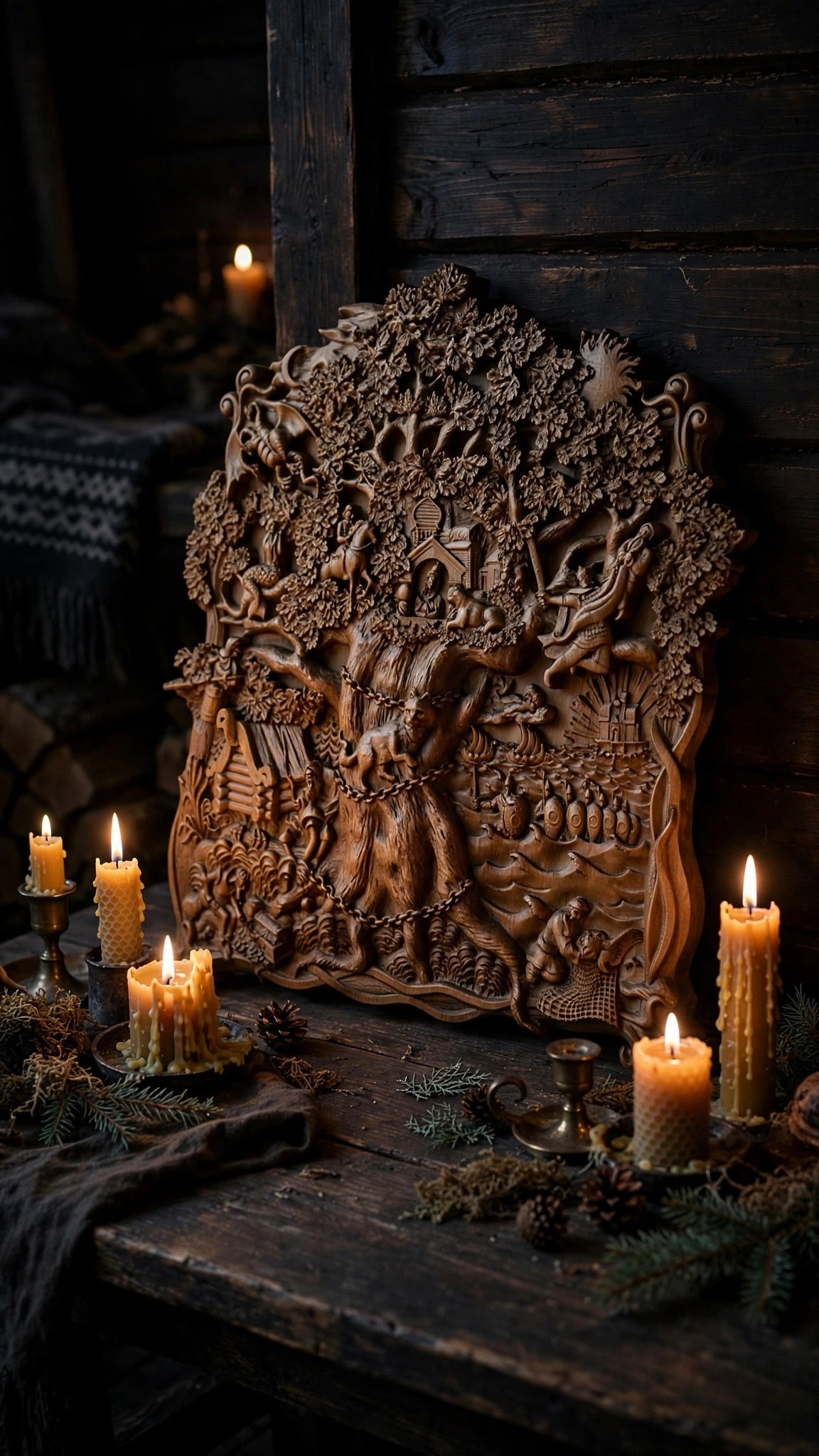 Lukomorye Wooden Wall Panel — Hand-Carved Wood Art