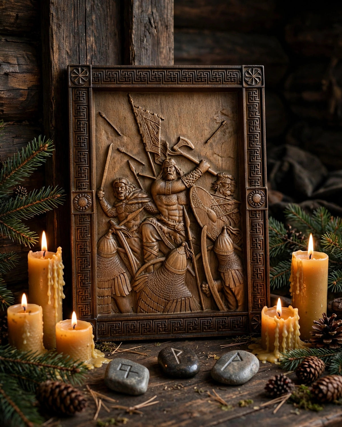 Druzhina (Warrior Retinue) Wooden Wall Panel — Hand-Carved Wood Art