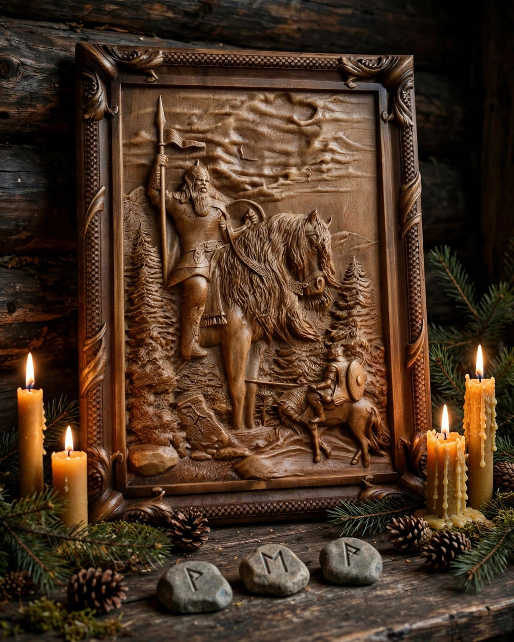 Ilya Muromets Meets Svyatogor Wooden Wall Panel — Hand-Carved Wood Art
