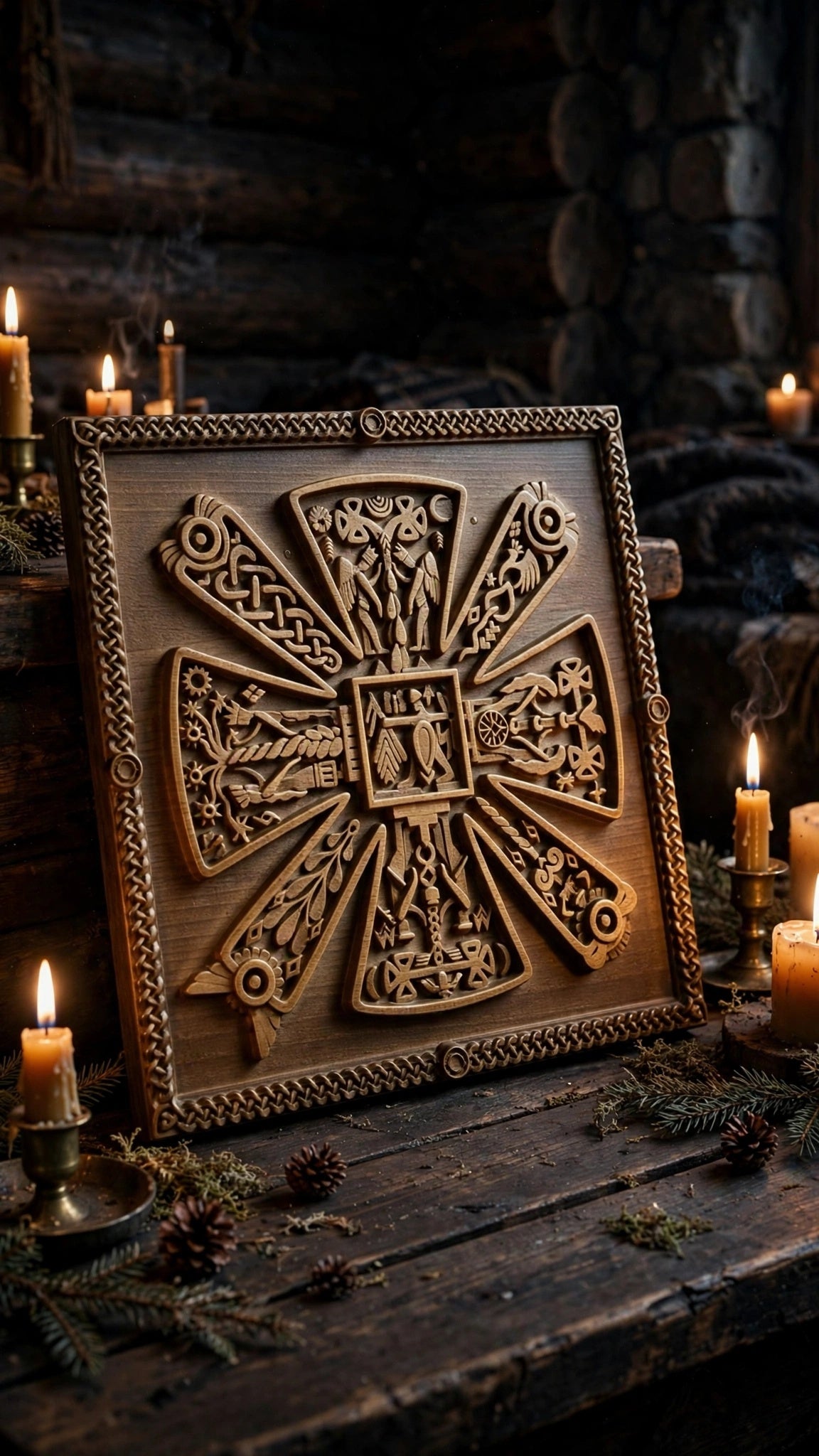 Slavic Kres Wooden Wall Panel — Hand-Carved Wood Art