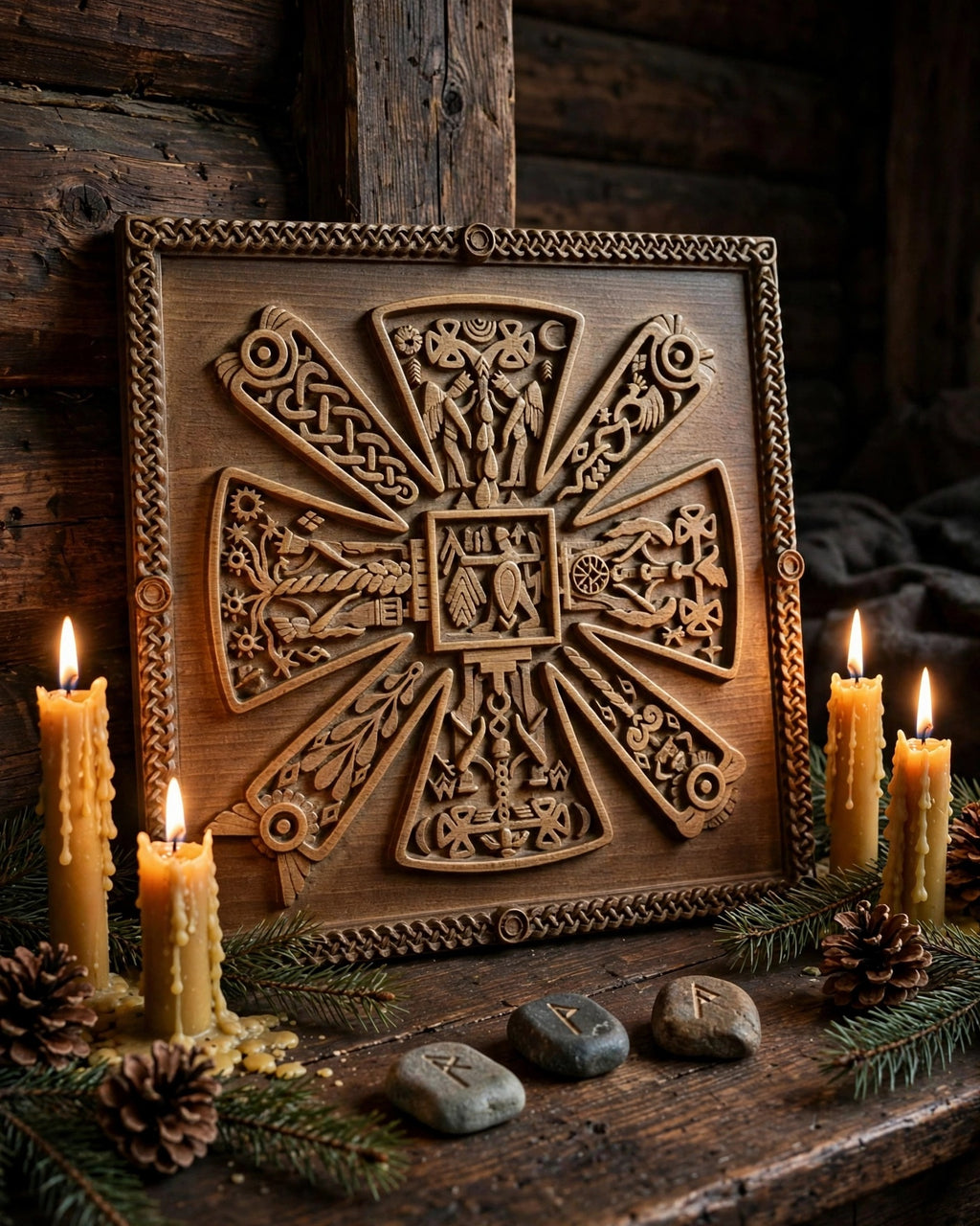 Slavic Kres Wooden Wall Panel — Hand-Carved Wood Art