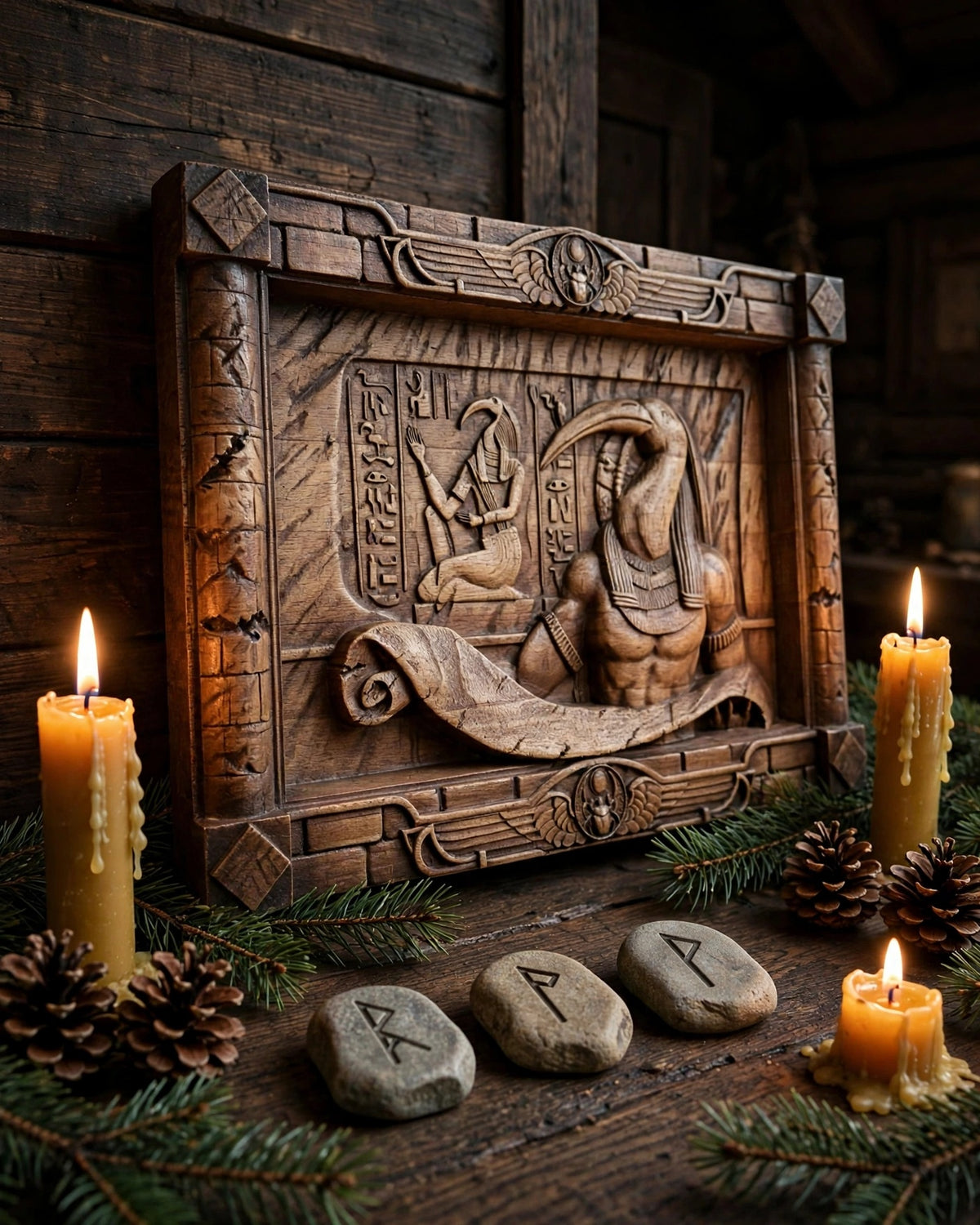 Egyptian God Thoth Wooden Wall Panel — Hand-Carved Wood Art