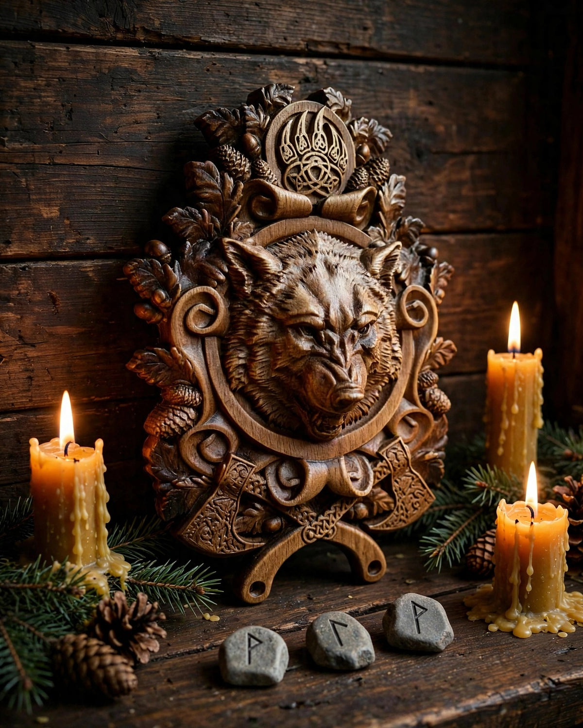 Wolf – Seal of Veles Wooden Wall Panel — Hand-Carved Wood Art