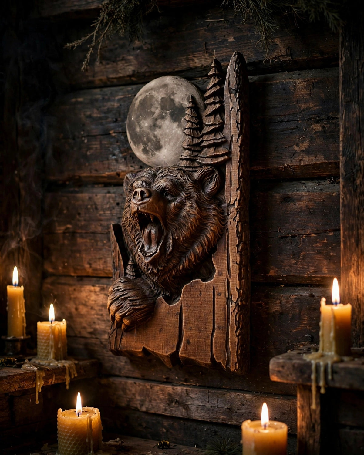 Bear Wooden Wall Panel — Hand-Carved Wood Art