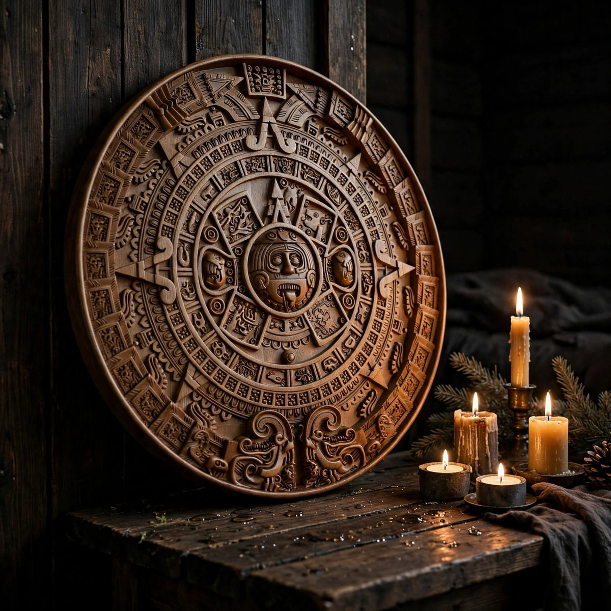 Mayan Calendar Wooden Wall Panel — Hand-Carved Wood Art
