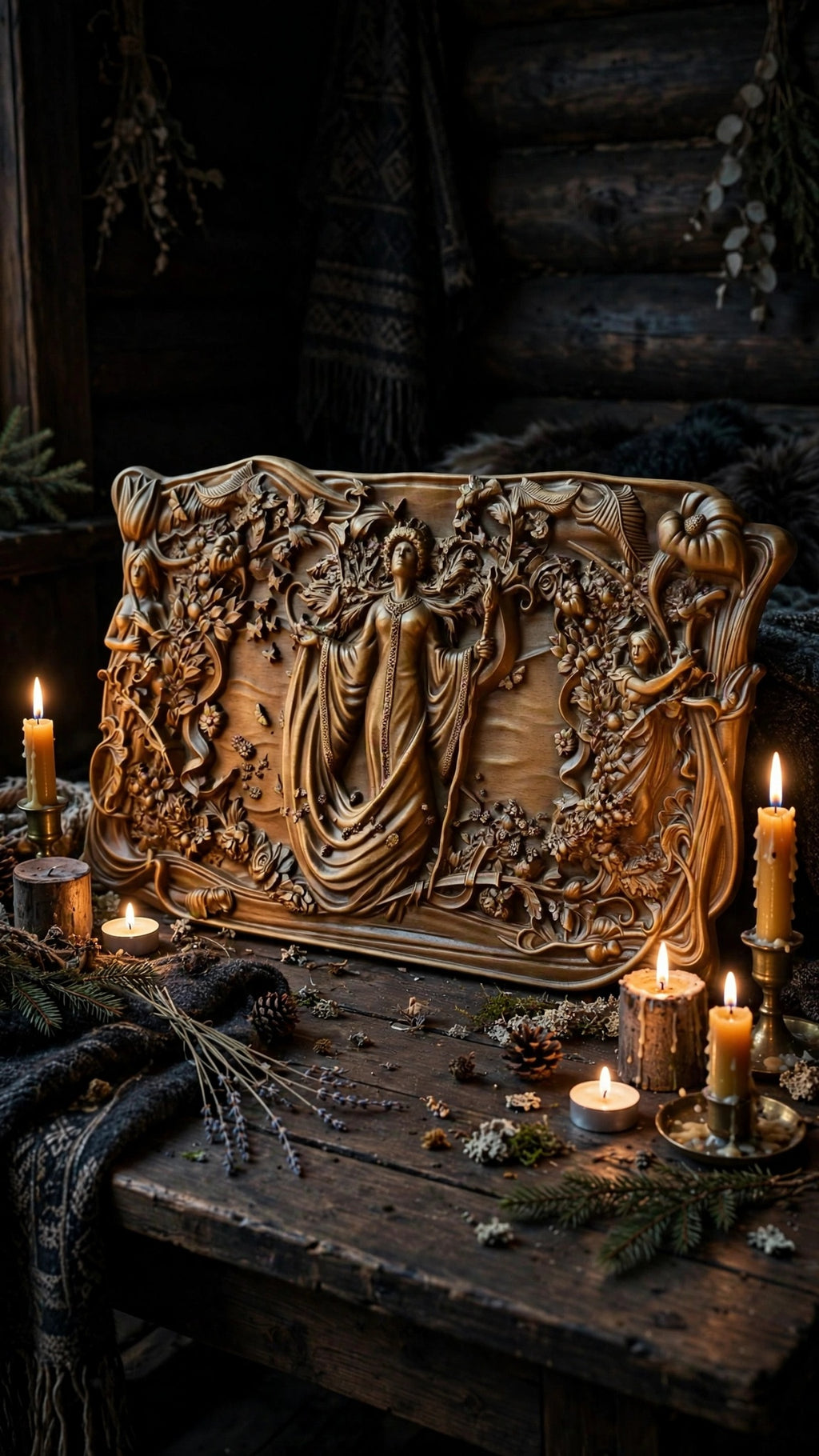 Slavic Goddess Zhiva Wooden Wall Panel — Hand-Carved Wood Art