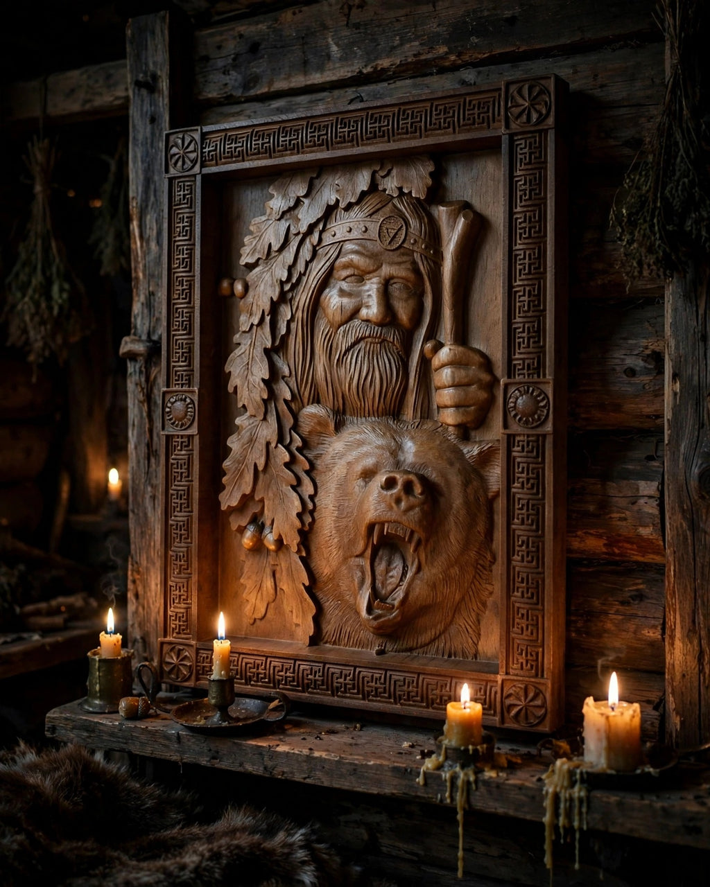 Veles with Bear Wooden Wall Panel — Hand-Carved Wood Art