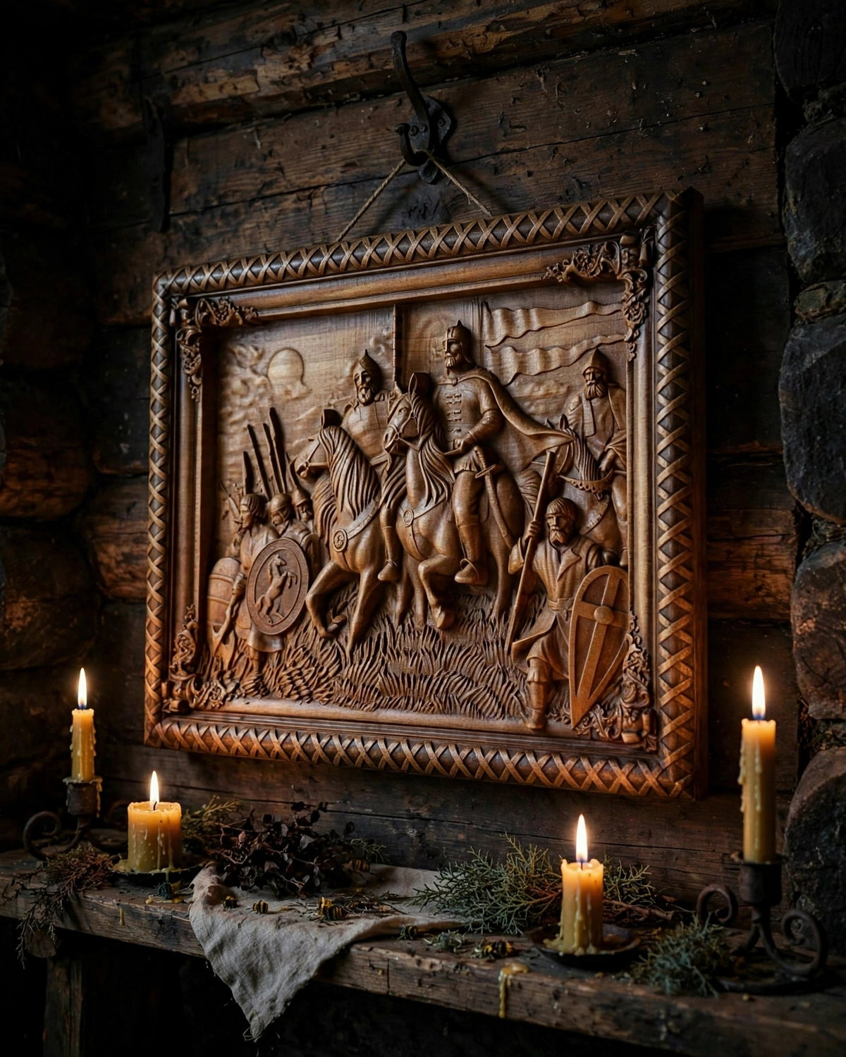 Rus, Warriors of the North Wooden Wall Panel — Hand-Carved Wood Art