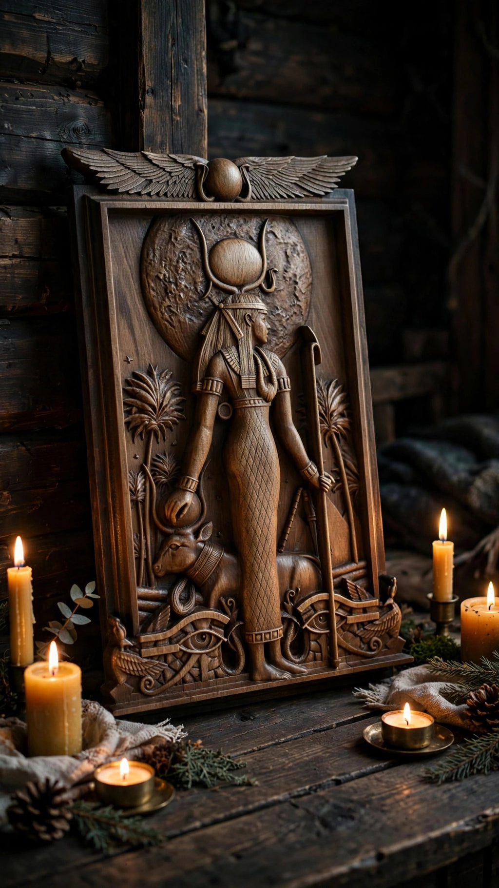 Egyptian Goddess Hathor Wooden Wall Panel — Hand-Carved Wood Art