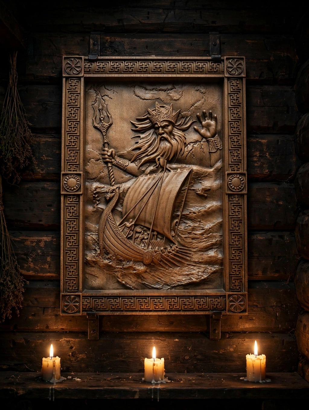 God Njord Wooden Wall Panel — Hand-Carved Wood Art