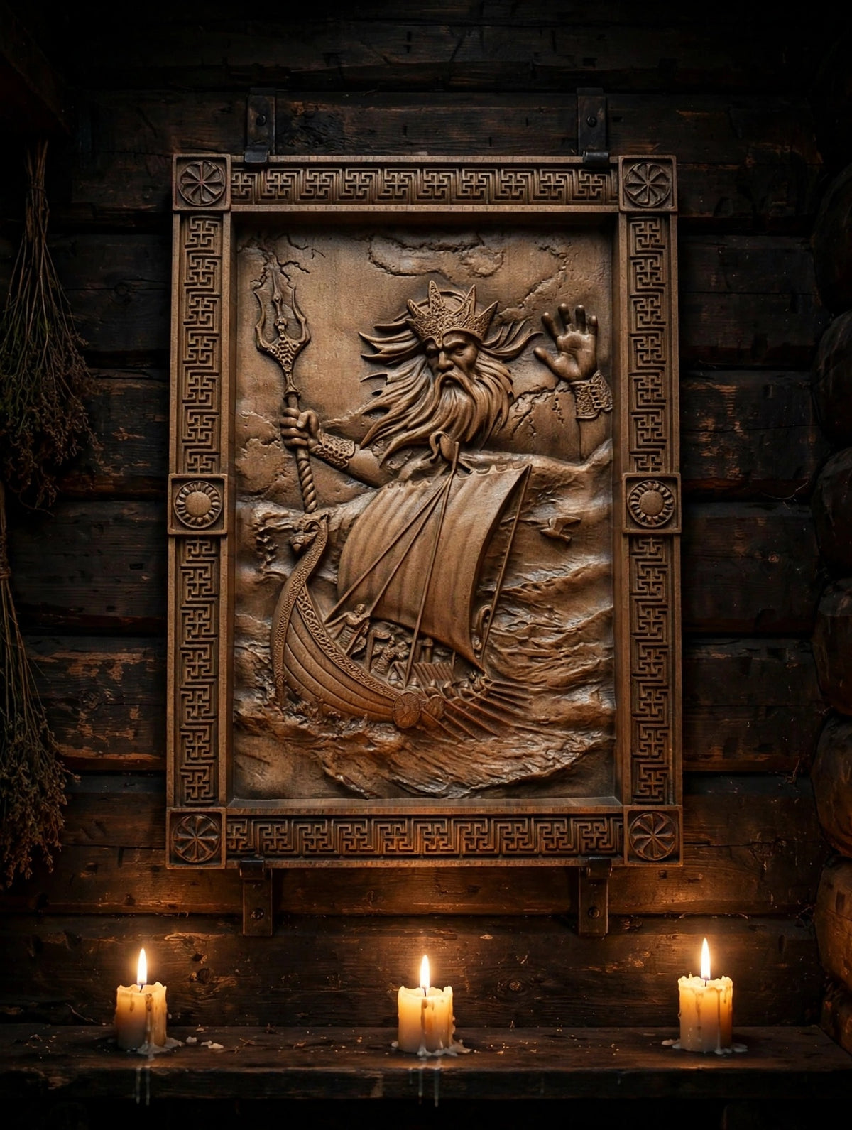 God Njord Wooden Wall Panel — Hand-Carved Wood Art