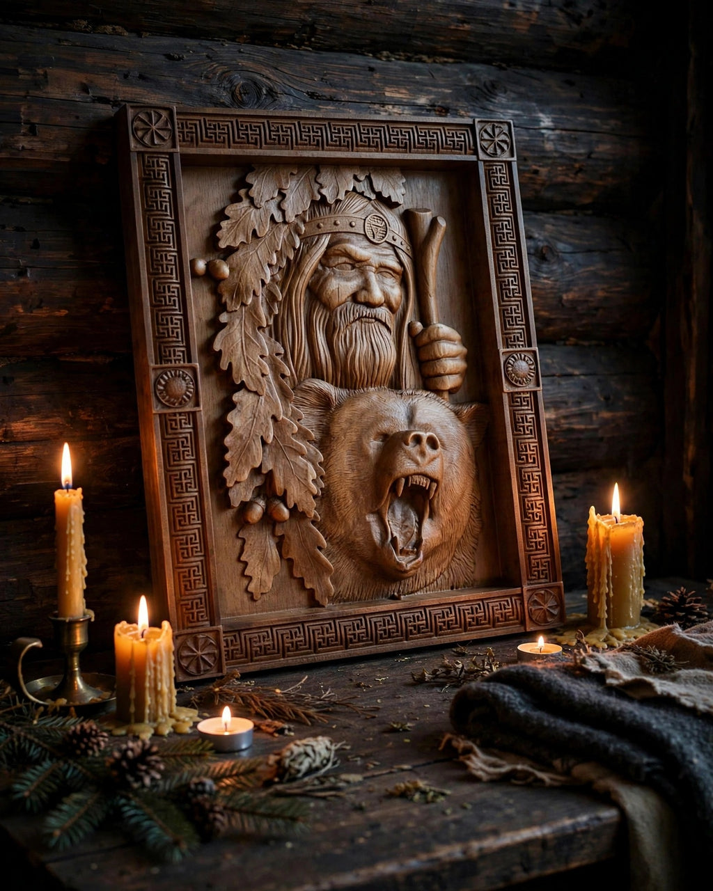 Veles with Bear Wooden Wall Panel — Hand-Carved Wood Art