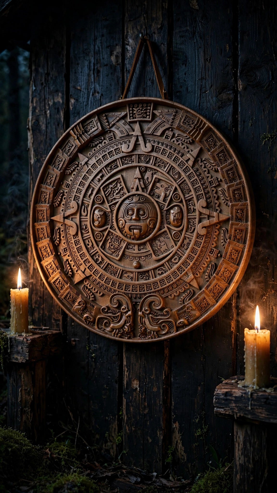 Mayan Calendar Wooden Wall Panel — Hand-Carved Wood Art