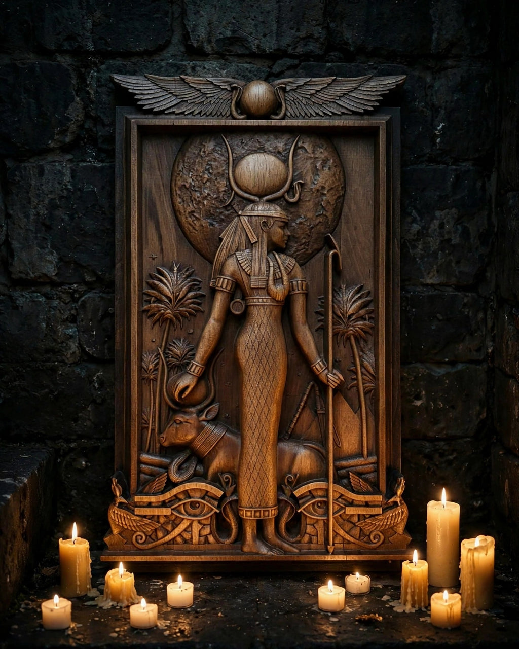 Egyptian Goddess Hathor Wooden Wall Panel — Hand-Carved Wood Art