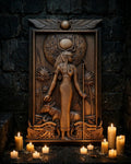 Egyptian Goddess Hathor Wooden Wall Panel — Hand-Carved Wood Art