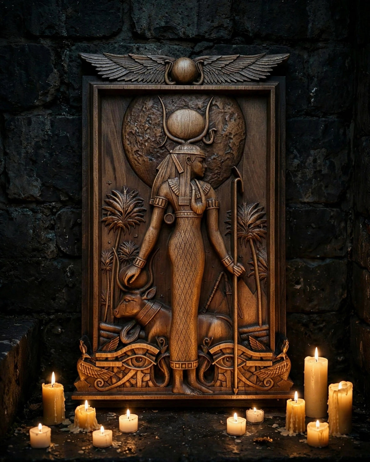 Egyptian Goddess Hathor Wooden Wall Panel — Hand-Carved Wood Art
