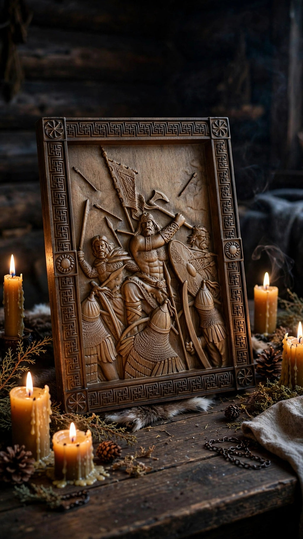 Druzhina (Warrior Retinue) Wooden Wall Panel — Hand-Carved Wood Art