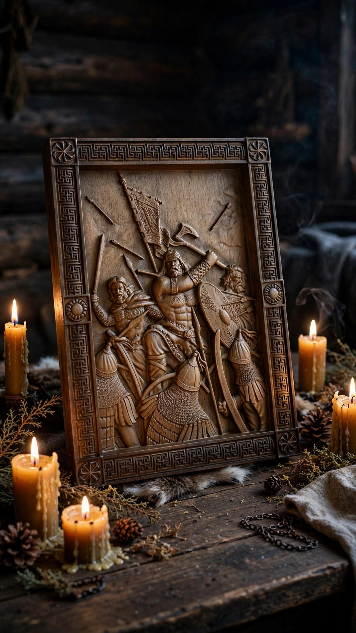 Druzhina (Warrior Retinue) Wooden Wall Panel — Hand-Carved Wood Art