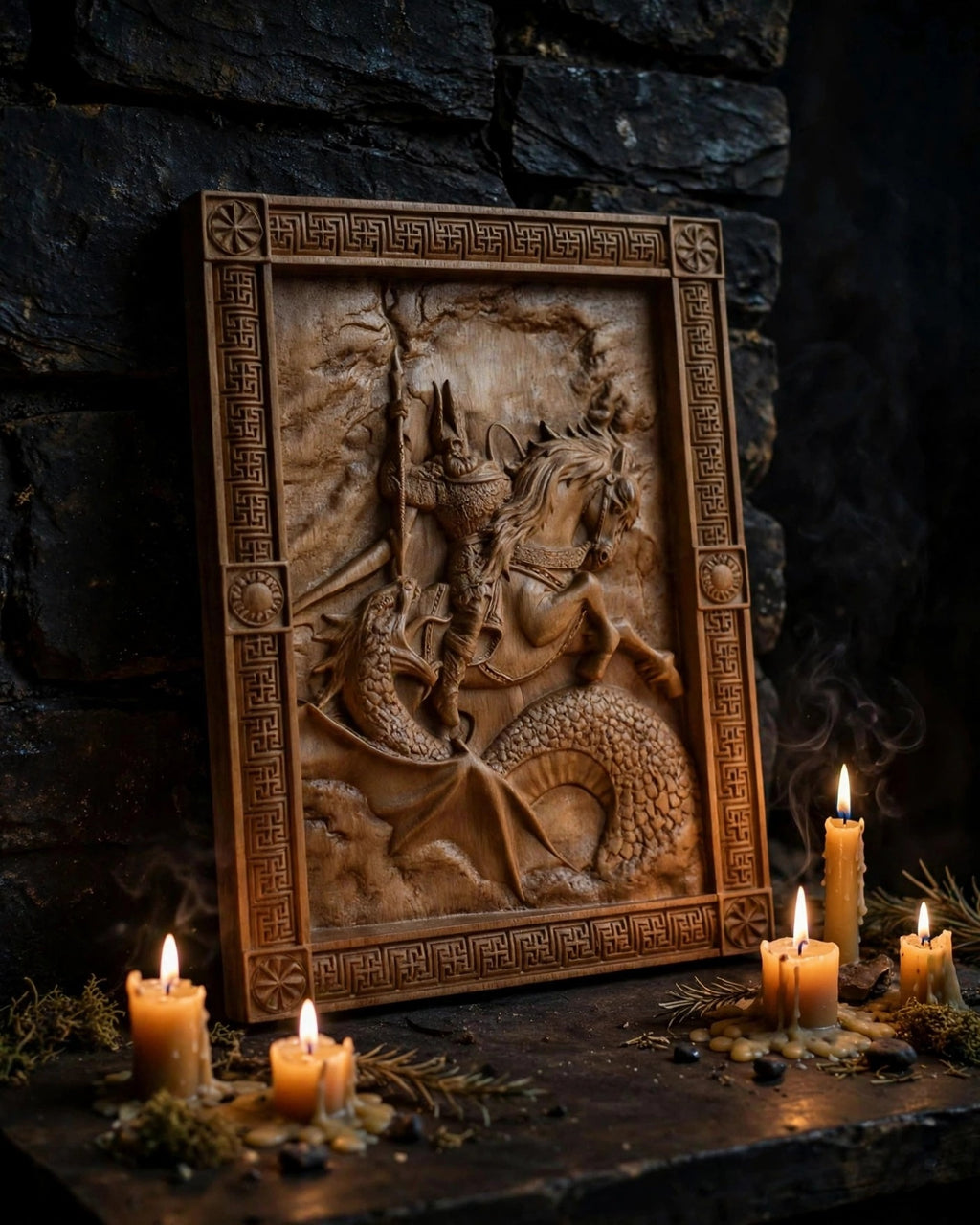 Perun's Battle with the Serpent Wooden Wall Panel — Hand-Carved Wood Art