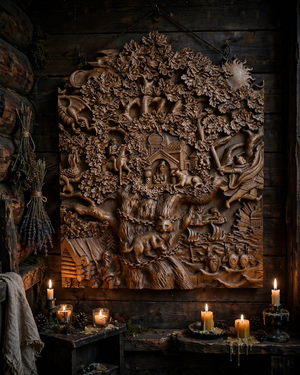 Lukomorye Wooden Wall Panel — Hand-Carved Wood Art