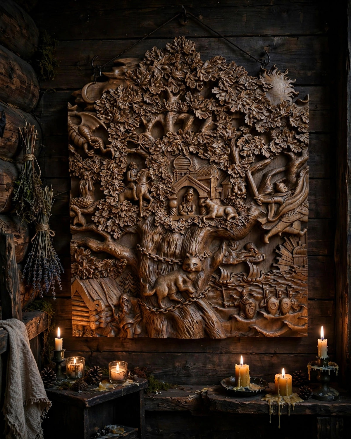 Lukomorye Wooden Wall Panel — Hand-Carved Wood Art