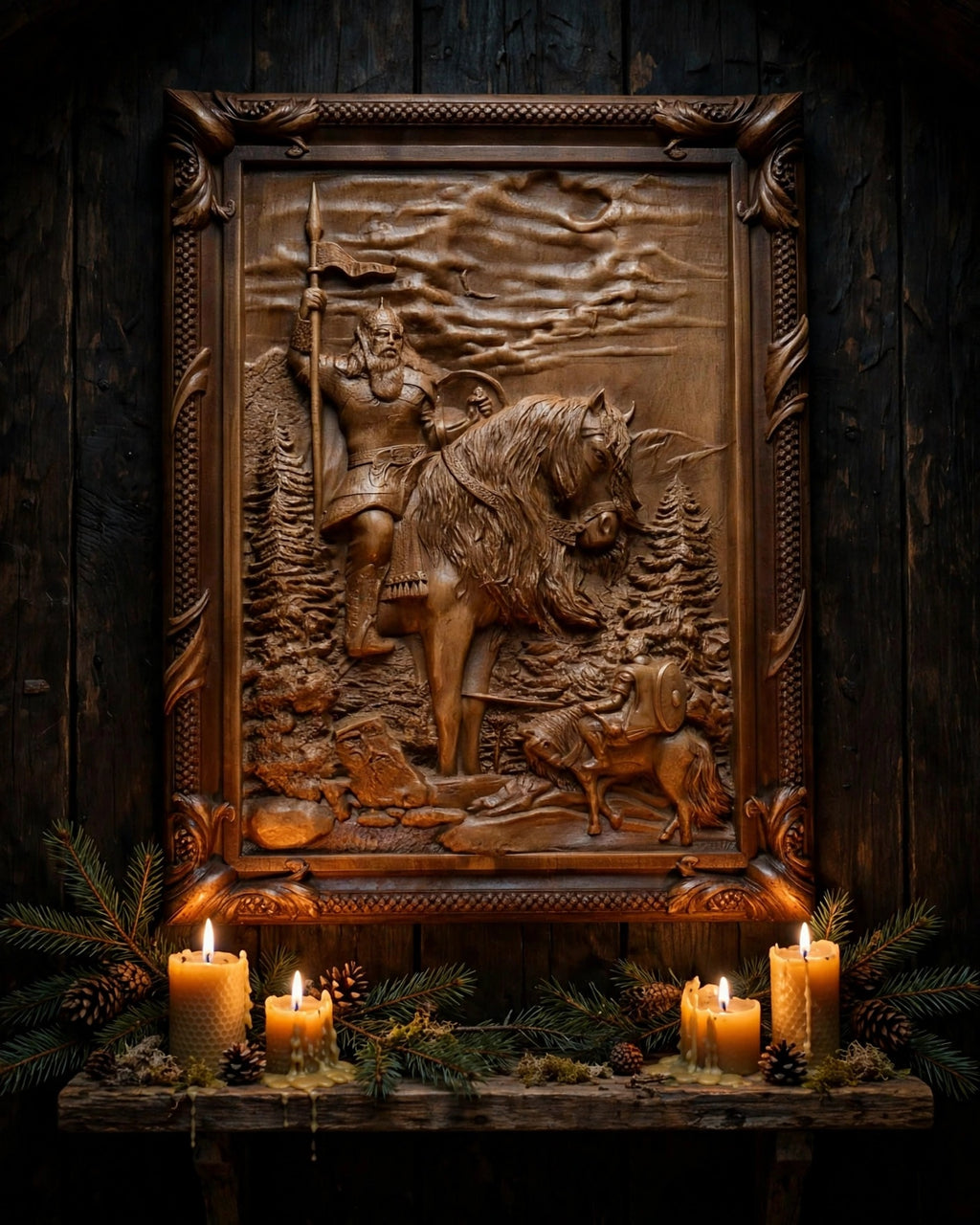 Ilya Muromets Meets Svyatogor Wooden Wall Panel — Hand-Carved Wood Art
