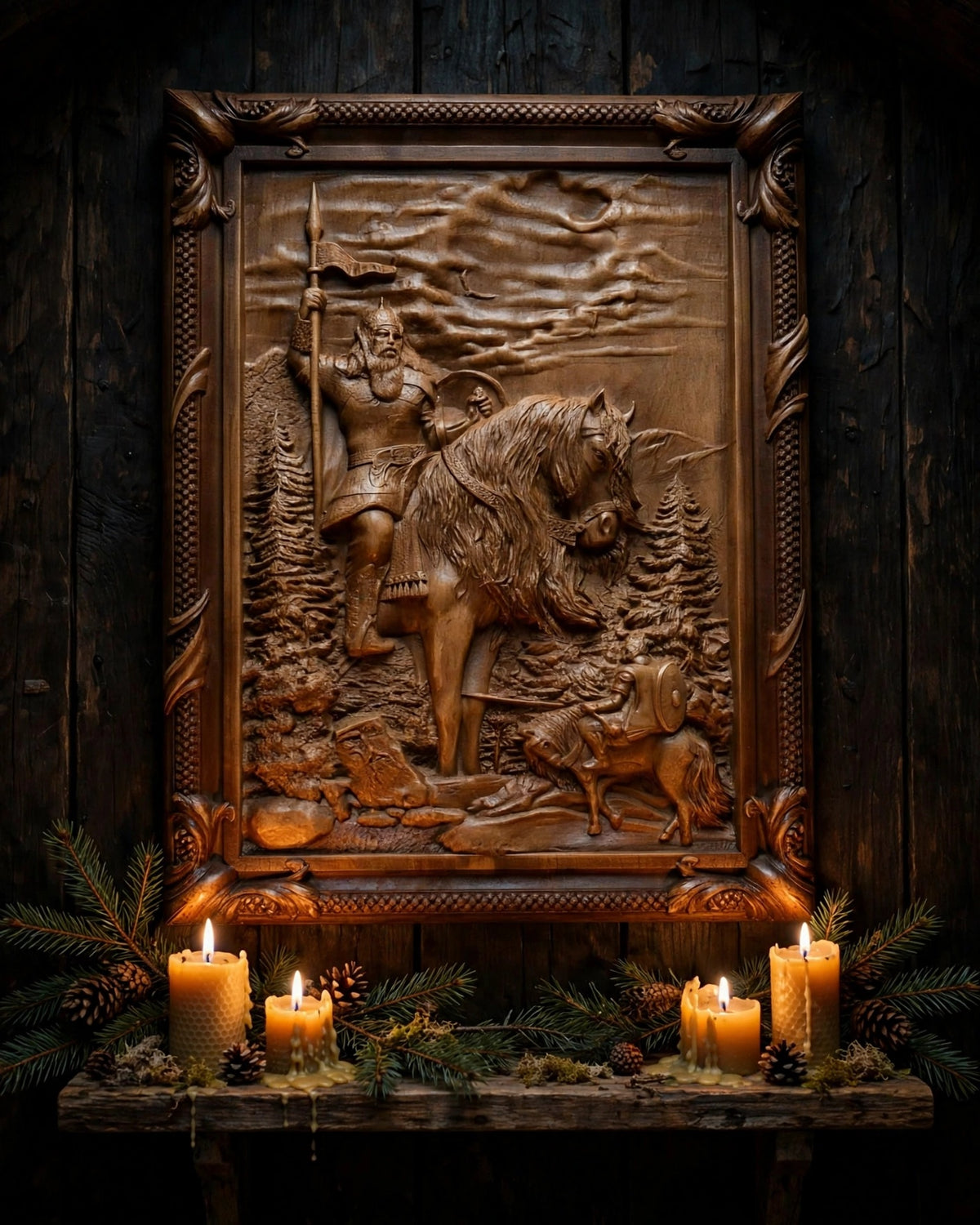 Ilya Muromets Meets Svyatogor Wooden Wall Panel — Hand-Carved Wood Art
