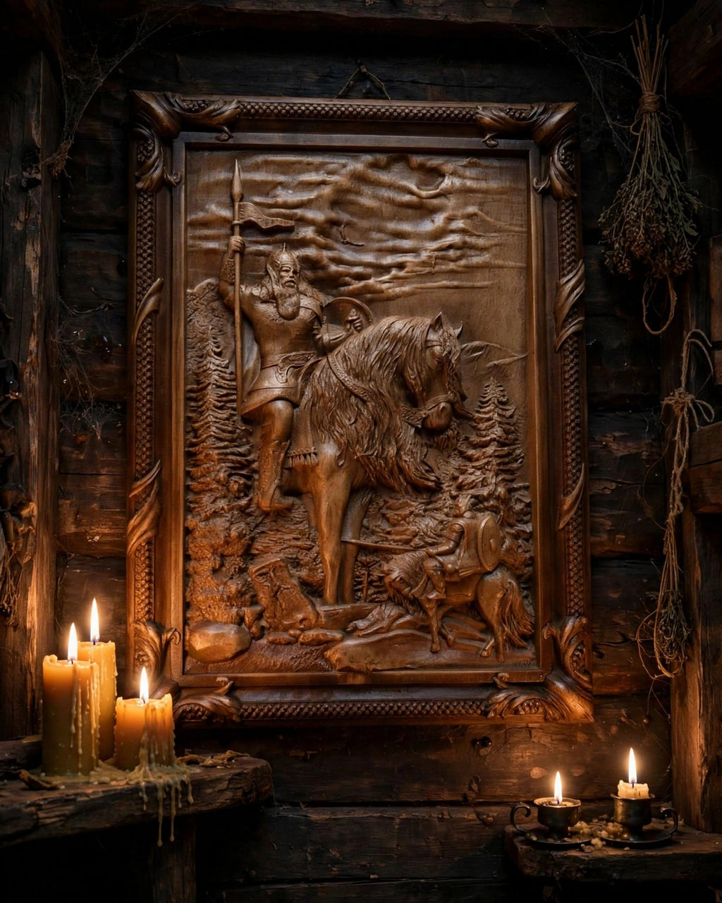 Ilya Muromets Meets Svyatogor Wooden Wall Panel — Hand-Carved Wood Art