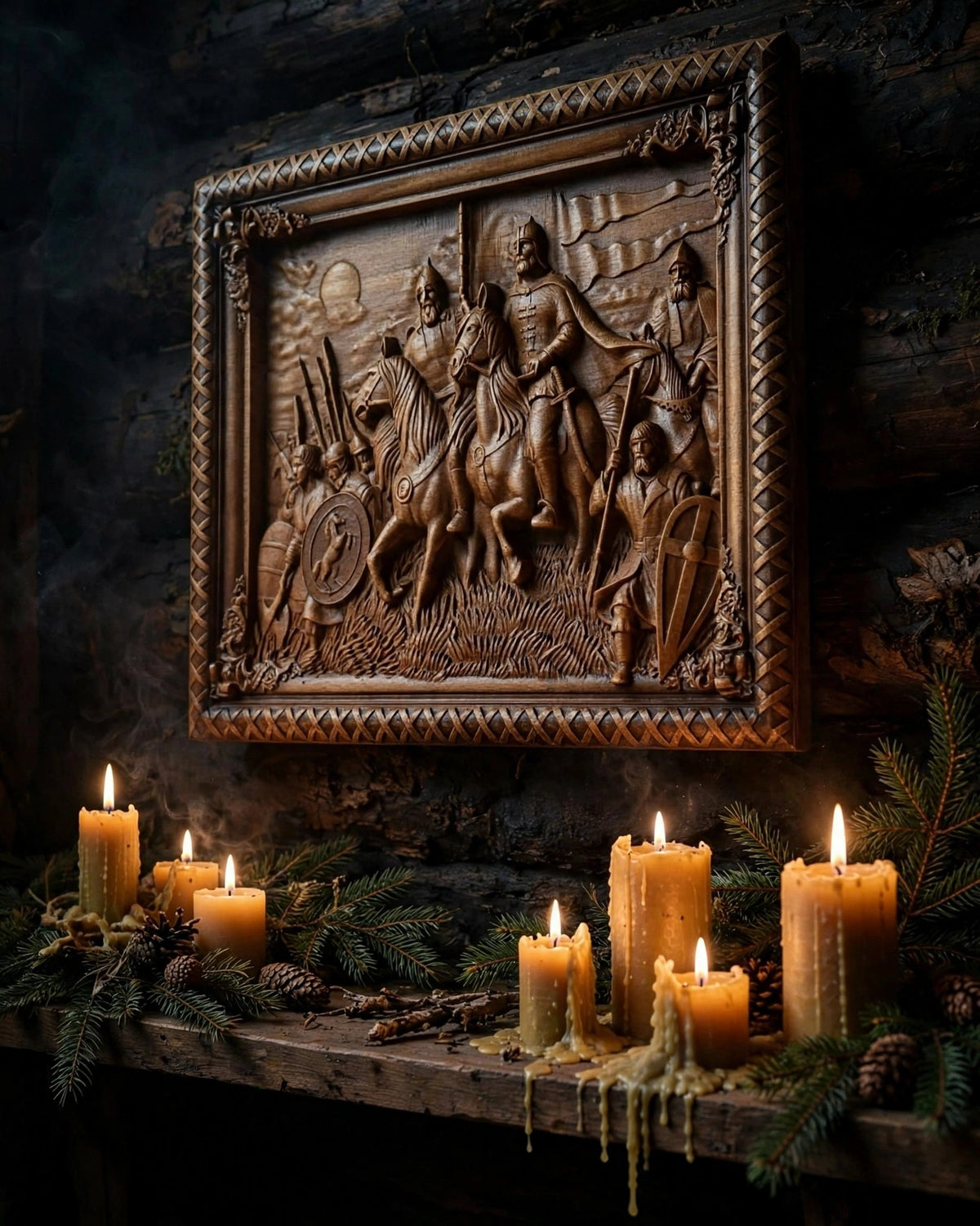 Rus, Warriors of the North Wooden Wall Panel — Hand-Carved Wood Art