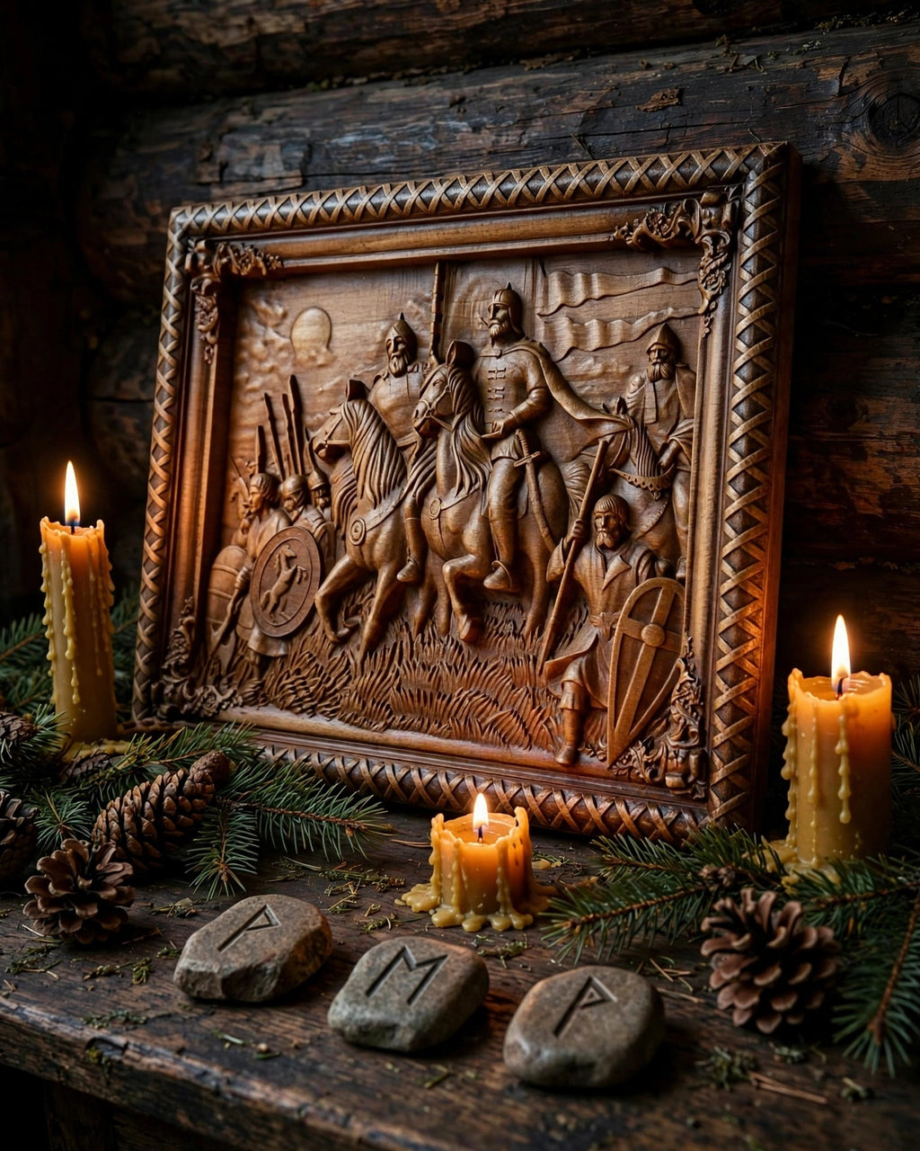 Rus, Warriors of the North Wooden Wall Panel — Hand-Carved Wood Art