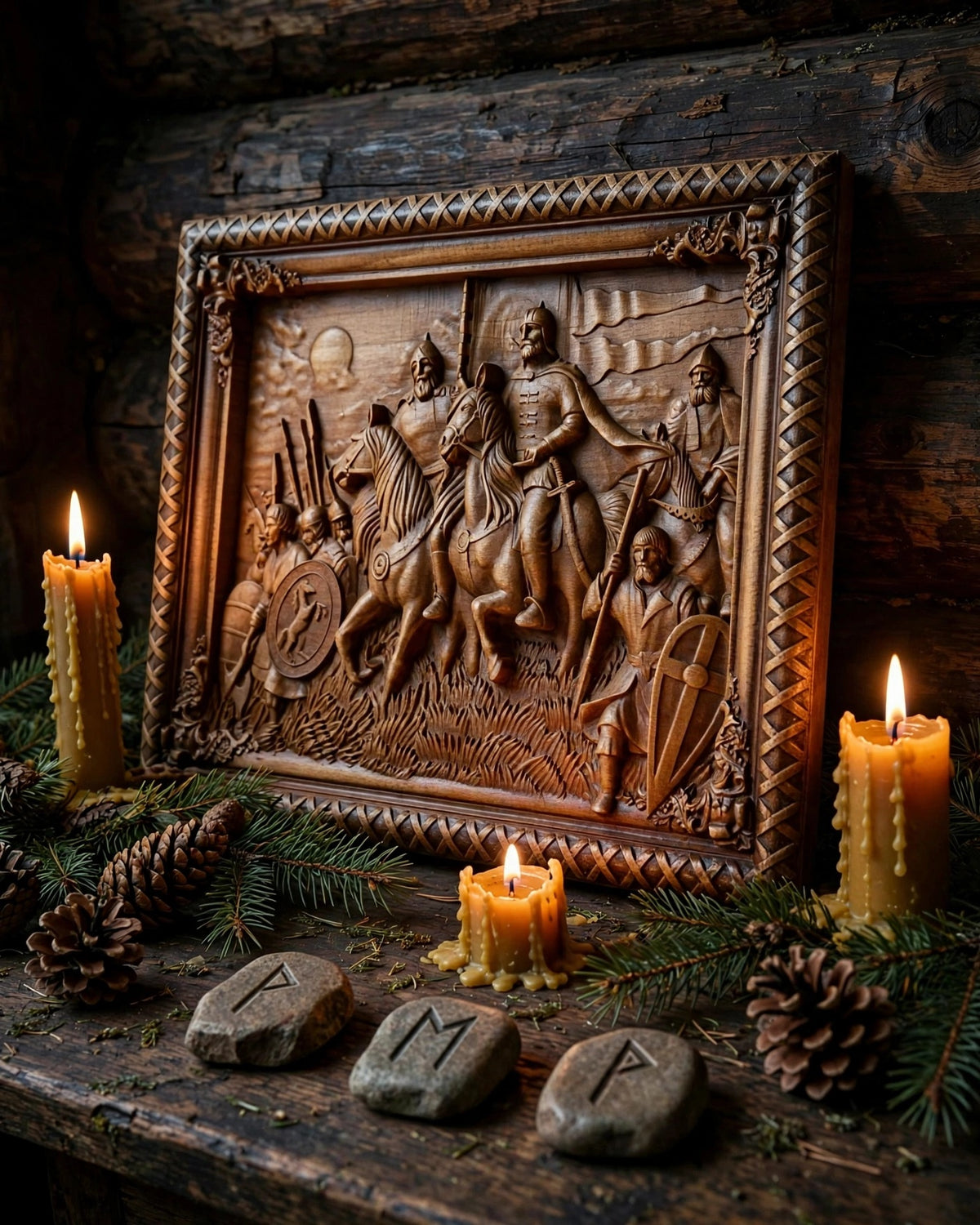 Rus, Warriors of the North Wooden Wall Panel — Hand-Carved Wood Art