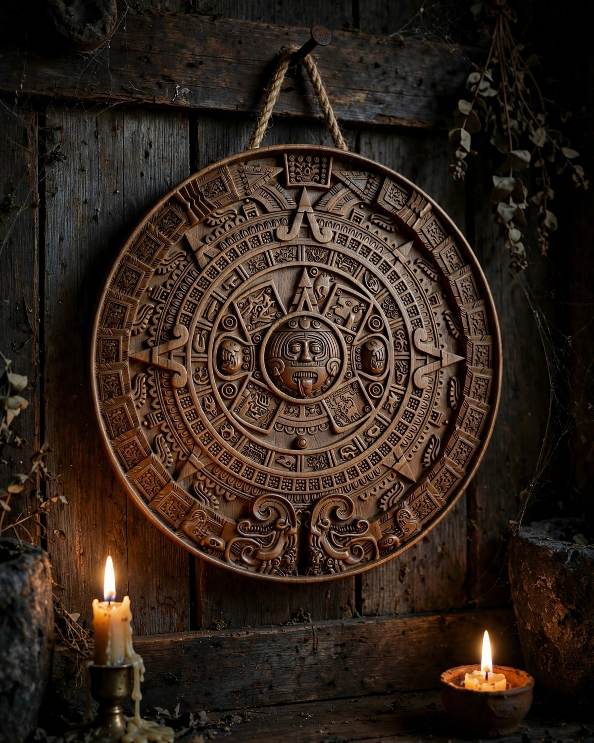 Mayan Calendar Wooden Wall Panel — Hand-Carved Wood Art