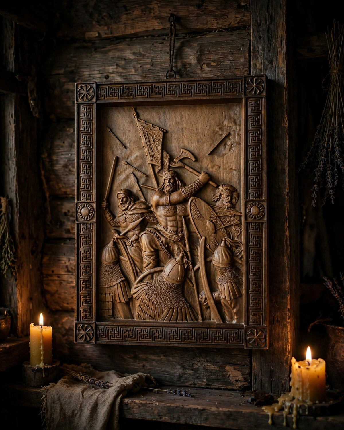 Druzhina (Warrior Retinue) Wooden Wall Panel — Hand-Carved Wood Art