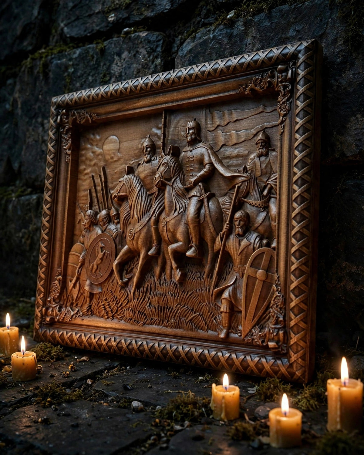 Rus, Warriors of the North Wooden Wall Panel — Hand-Carved Wood Art