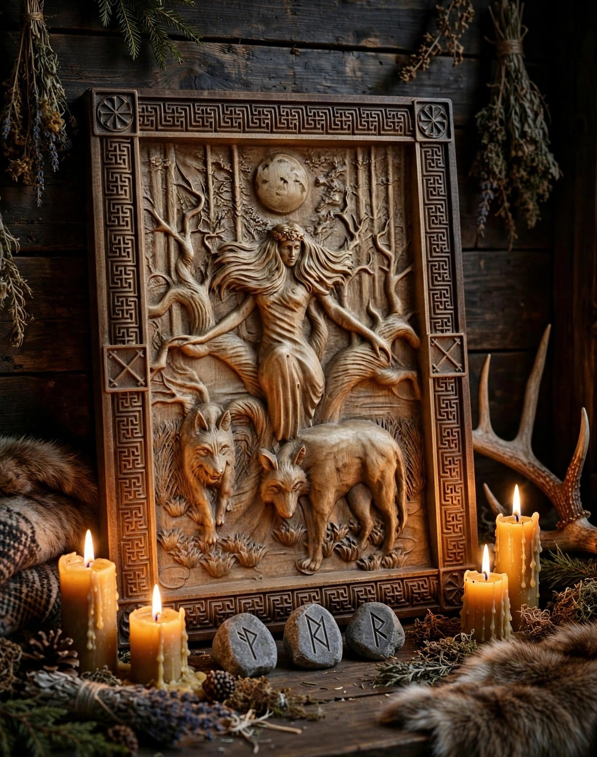 Goddess Mara / Morana Wooden Wall Panel — Hand-Carved Wood Art
