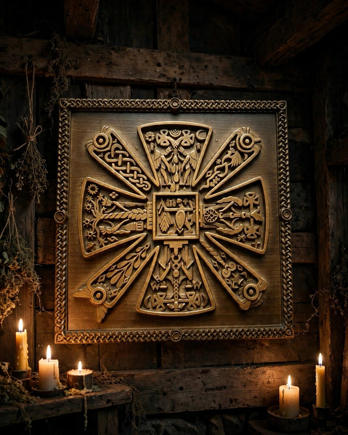 Slavic Kres Wooden Wall Panel — Hand-Carved Wood Art
