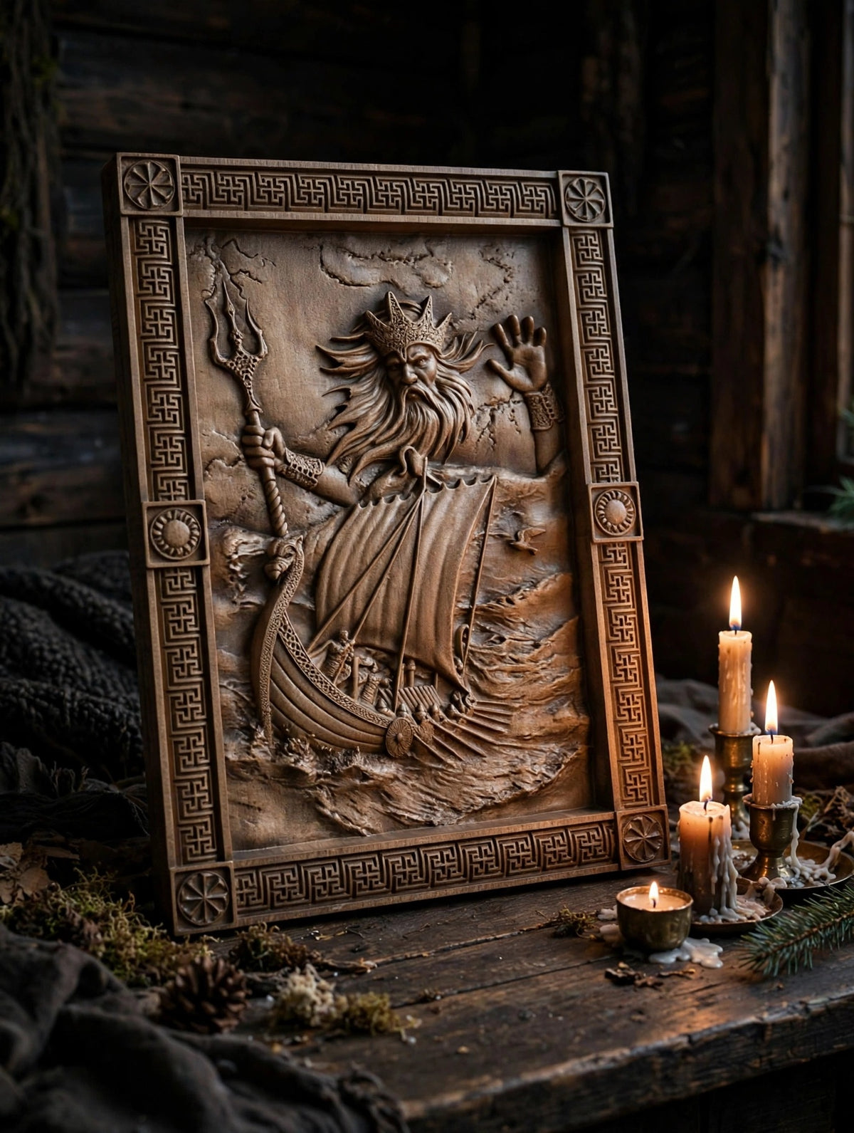 God Njord Wooden Wall Panel — Hand-Carved Wood Art
