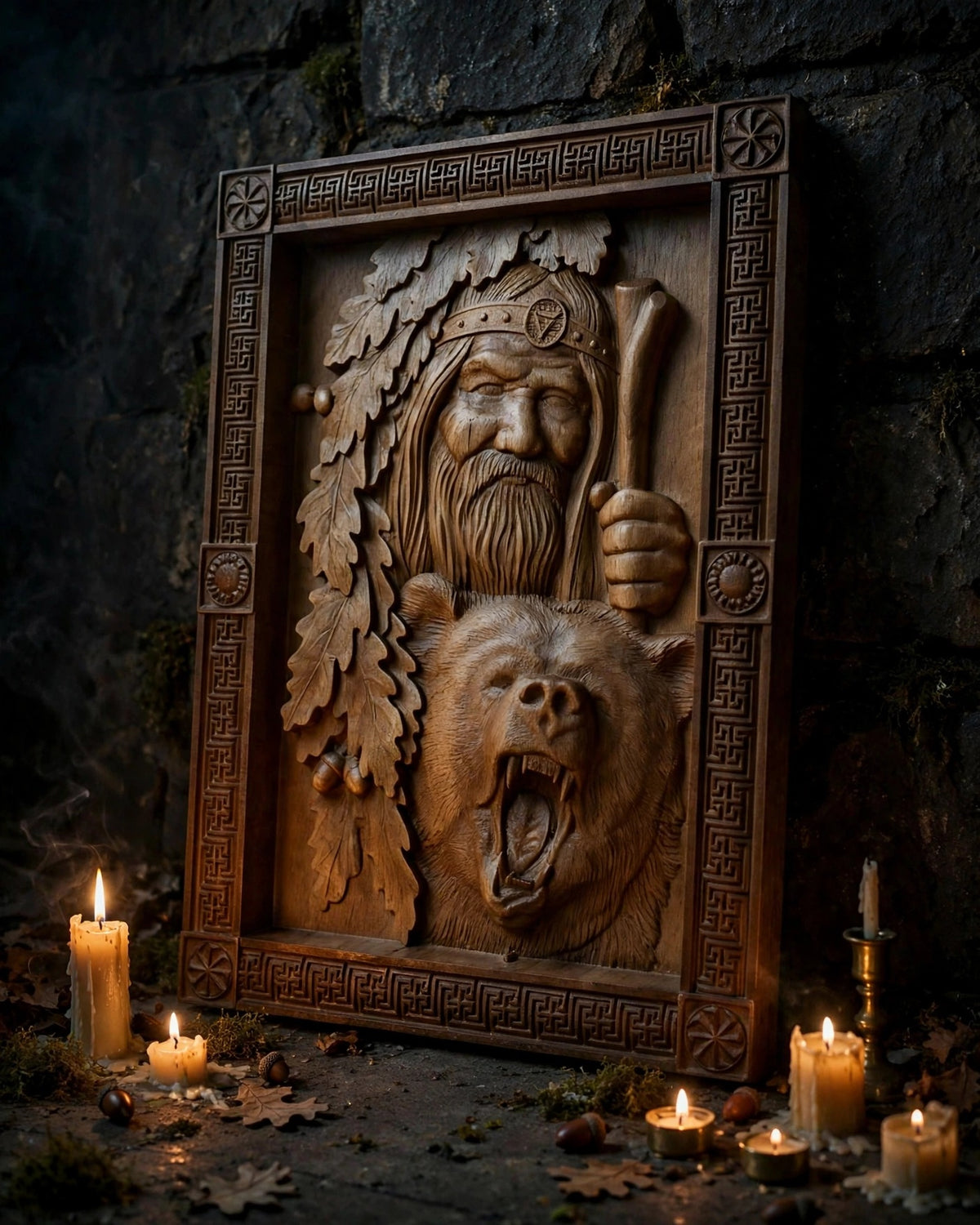 Veles with Bear Wooden Wall Panel — Hand-Carved Wood Art