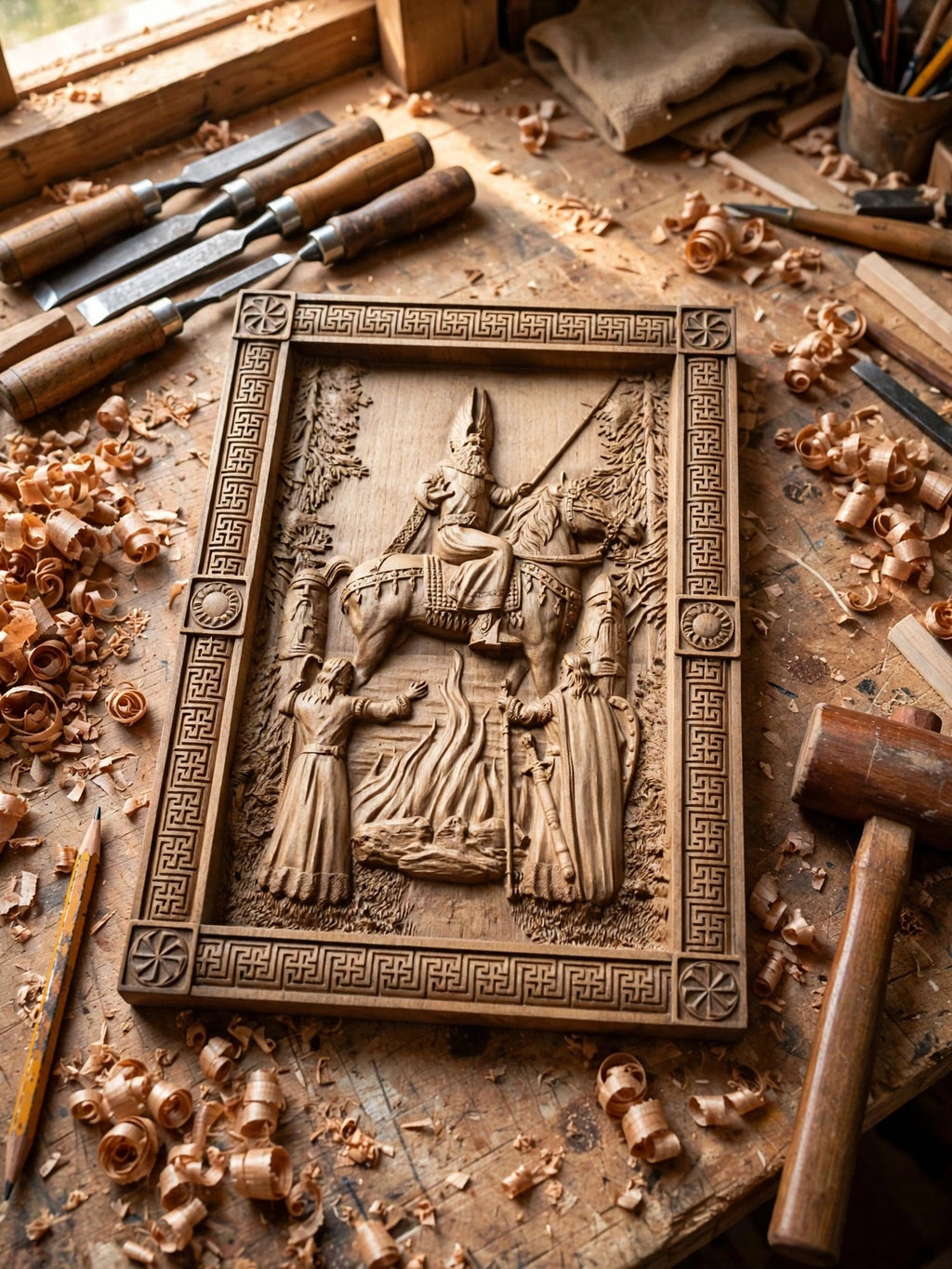 The Appearance of Svarog Wooden Wall Panel — Hand-Carved Wood Art