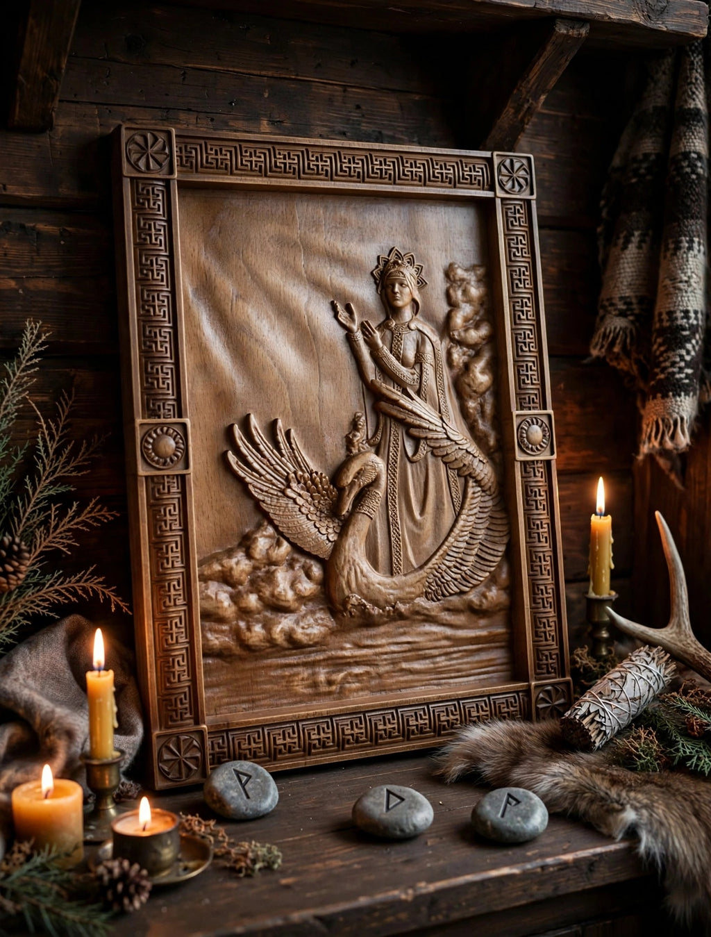 Goddess Lada Wooden Wall Panel — Hand-Carved Wood Art