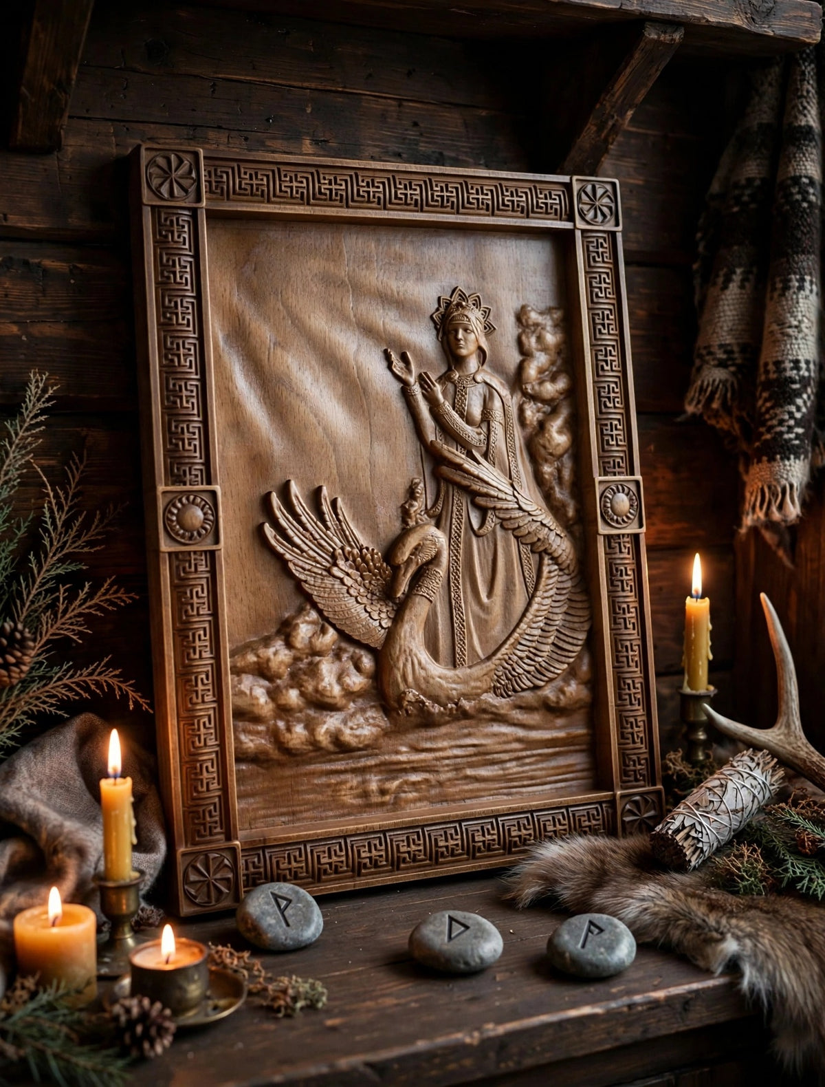 Goddess Lada Wooden Wall Panel — Hand-Carved Wood Art