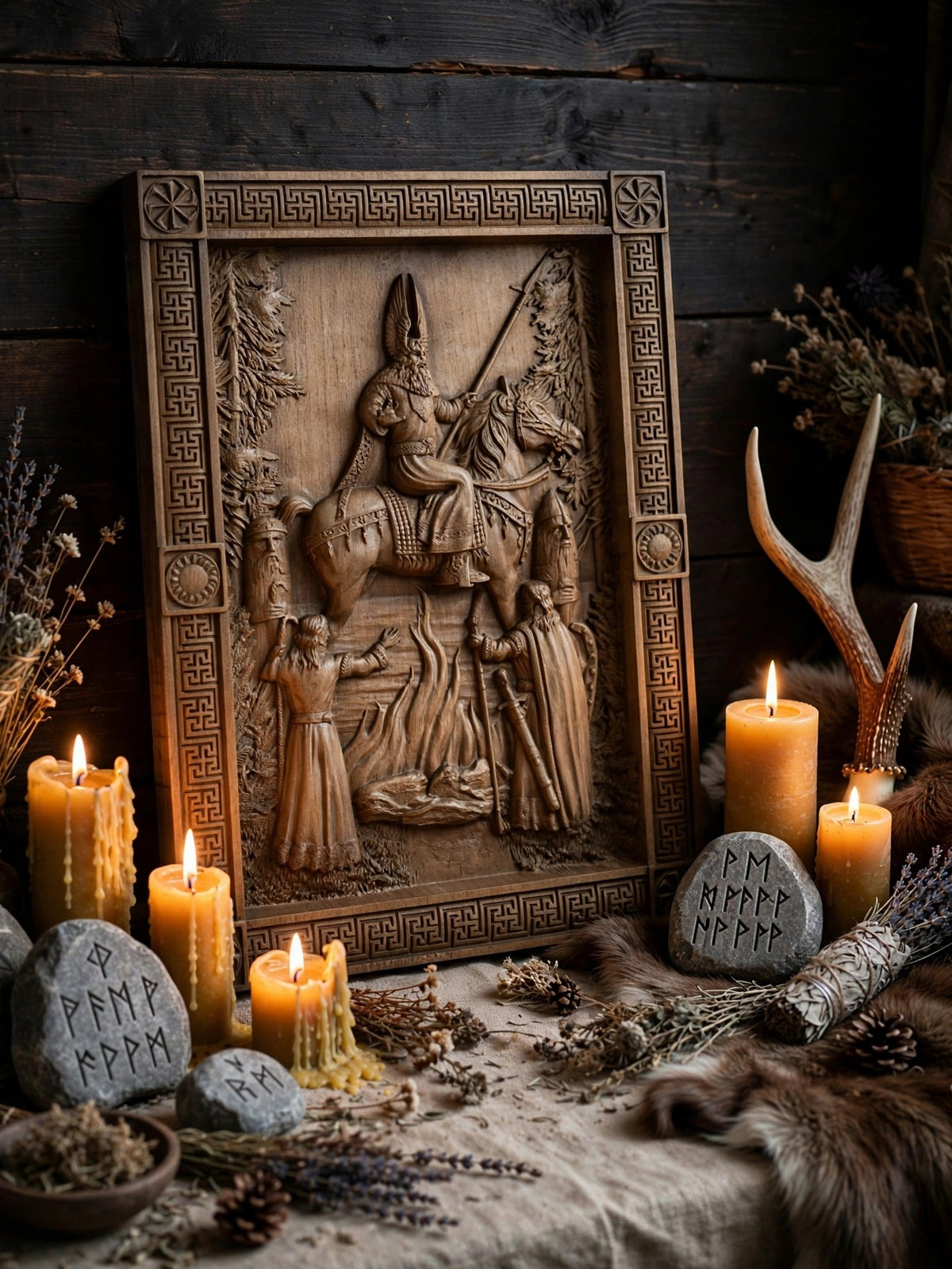 The Appearance of Svarog Wooden Wall Panel — Hand-Carved Wood Art