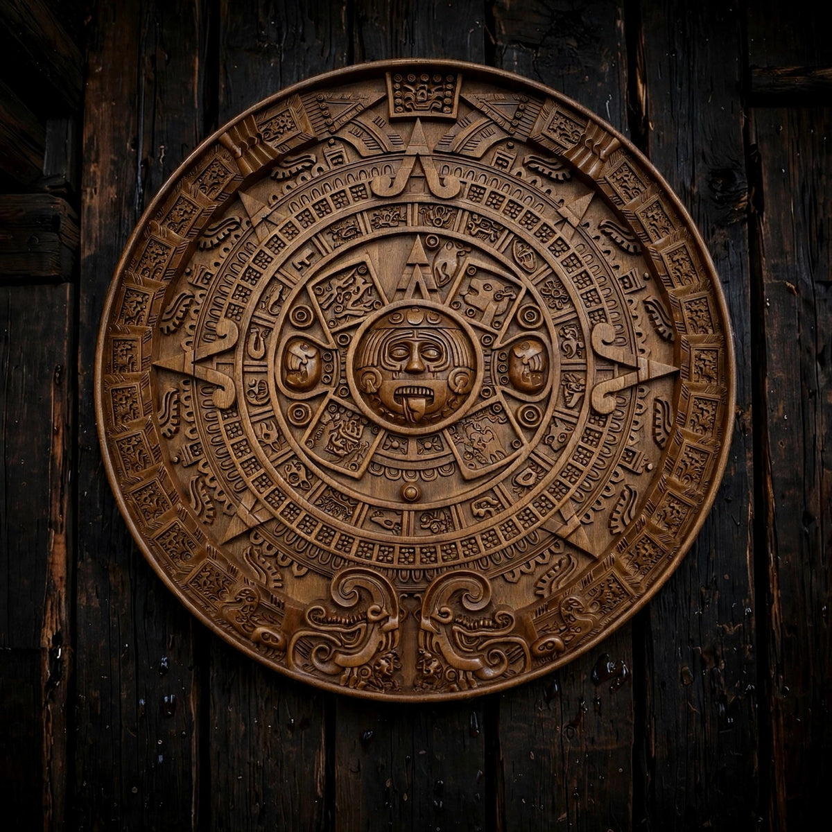 Mayan Calendar Wooden Wall Panel — Hand-Carved Wood Art