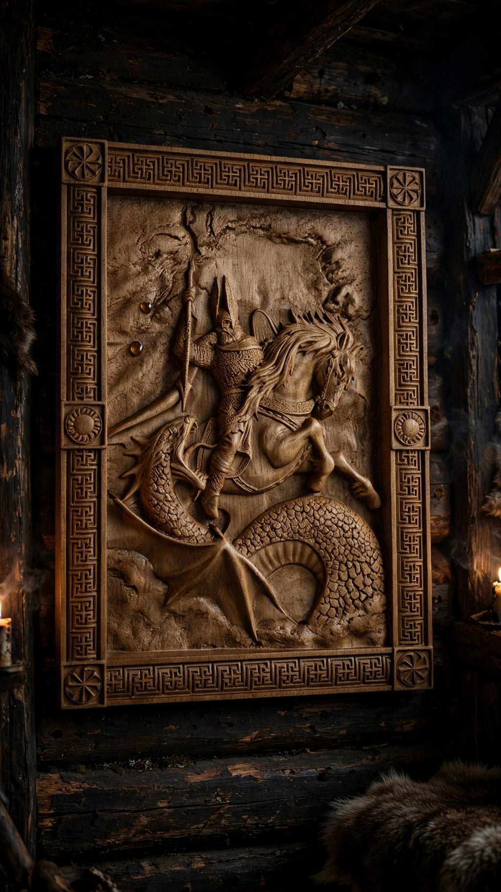 Perun's Battle with the Serpent Wooden Wall Panel — Hand-Carved Wood Art
