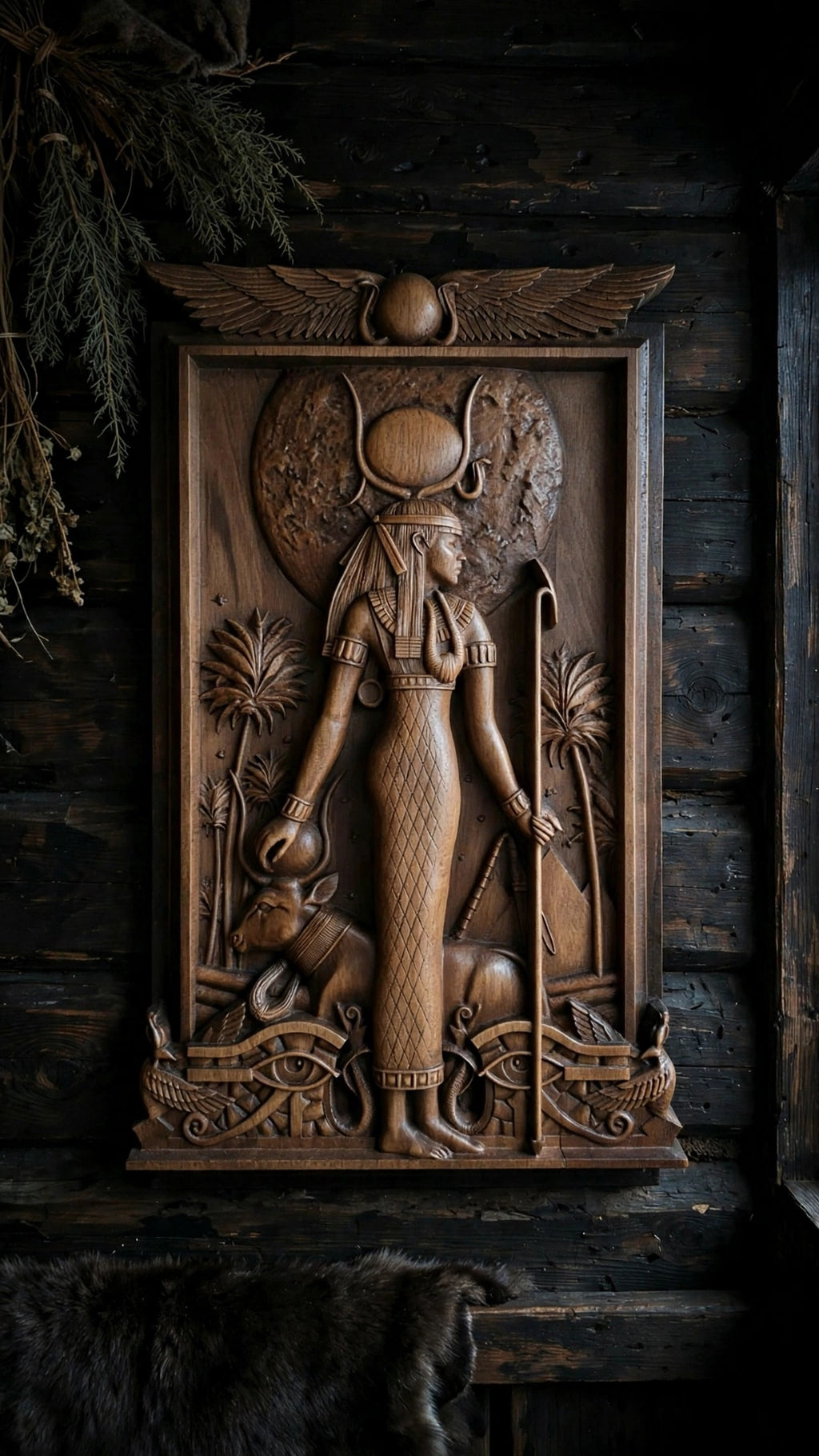 Egyptian Goddess Hathor Wooden Wall Panel — Hand-Carved Wood Art