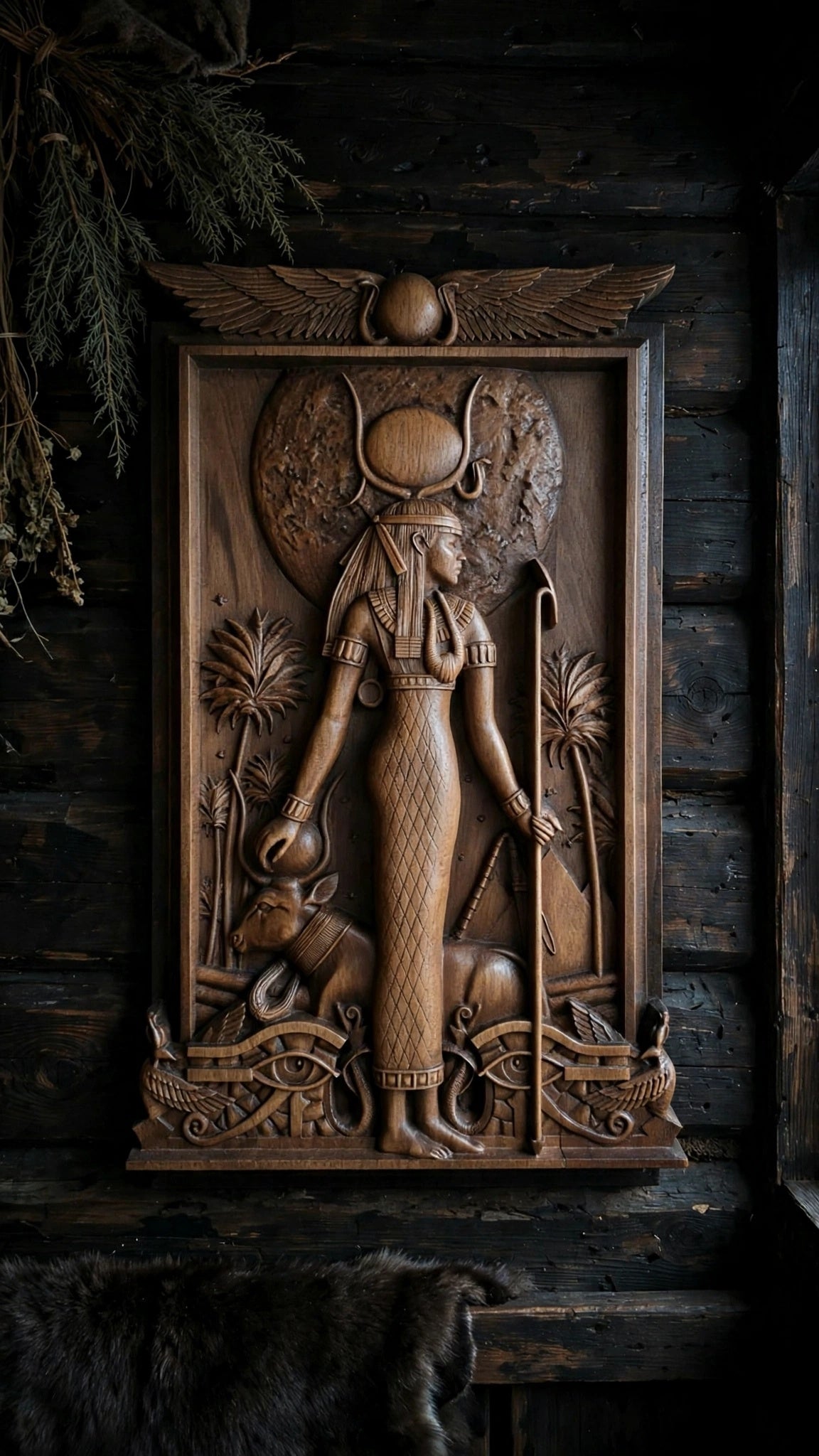 Egyptian Goddess Hathor Wooden Wall Panel — Hand-Carved Wood Art